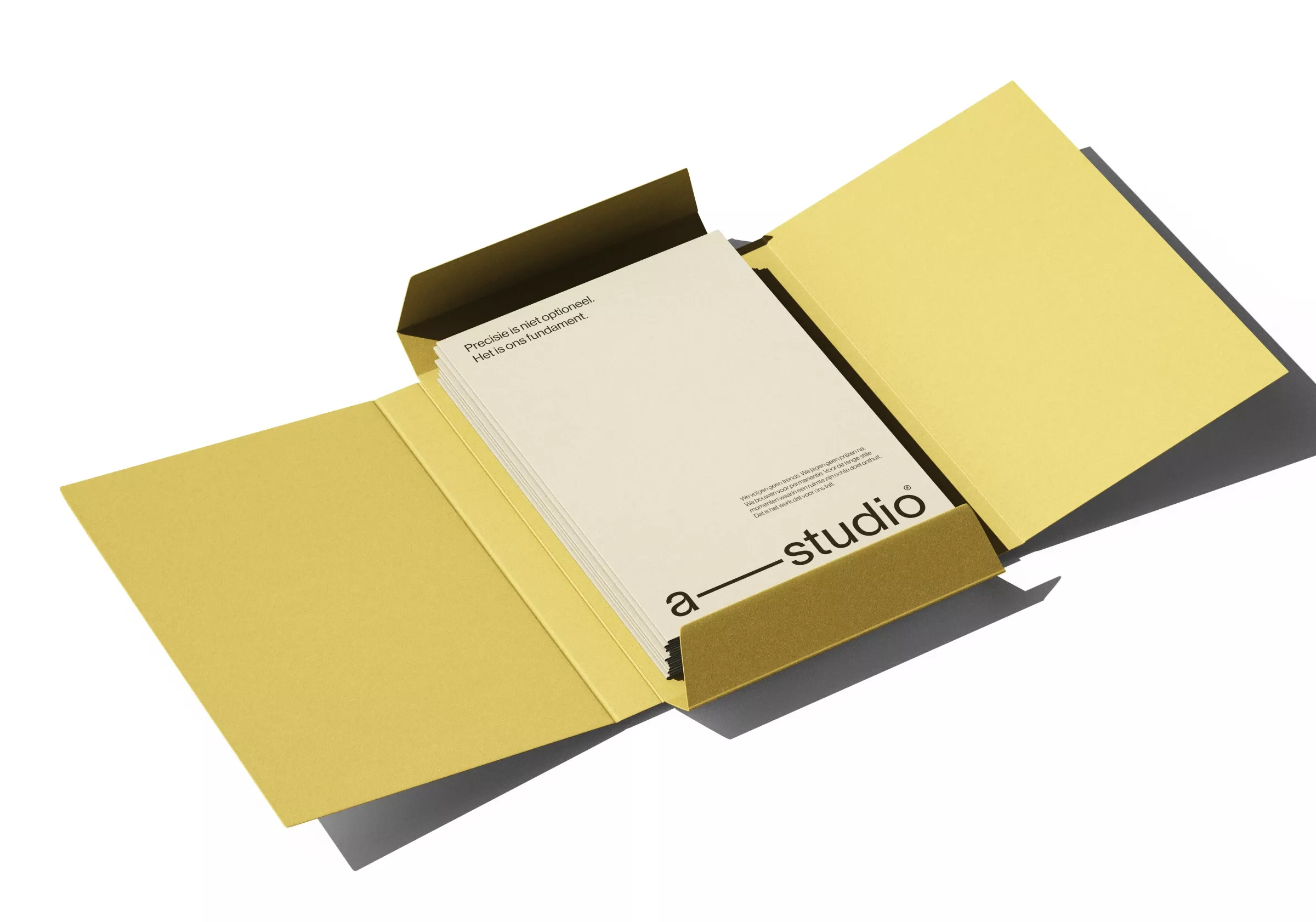 This design showcases a minimalist approach, utilizing thick, matte cardstock in warm yellow tones to convey a sense of refined simplicity. The visual language is clean and direct, emphasizing materiality and subtle branding through precise layout.