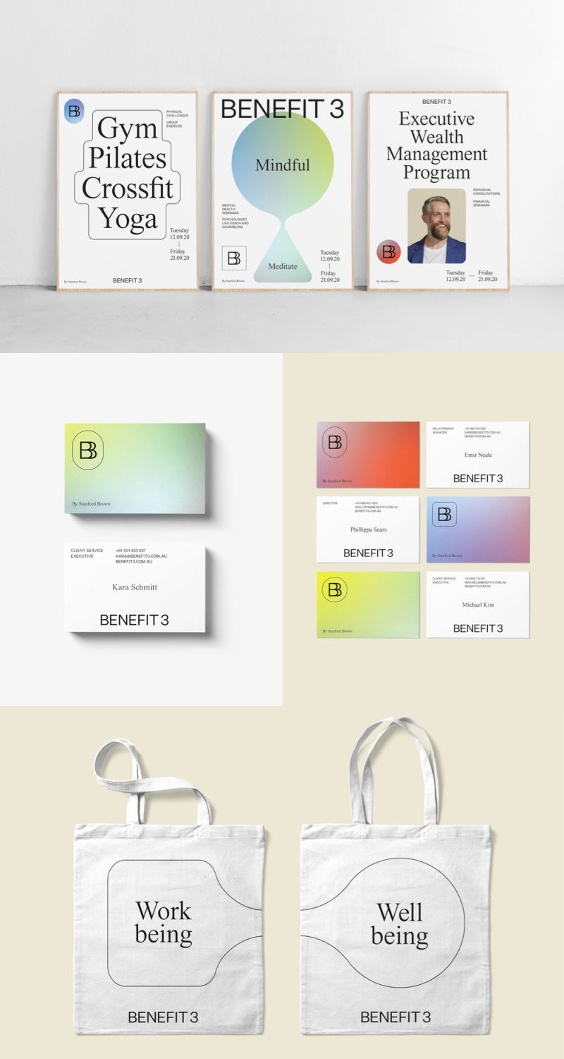 The image displays a cohesive set of branded materials, including informational cards and tote bags, utilizing a clean, minimalist aesthetic with a muted, nature-inspired color palette. The design emphasizes clarity, professionalism, and a sense of calm wellness.