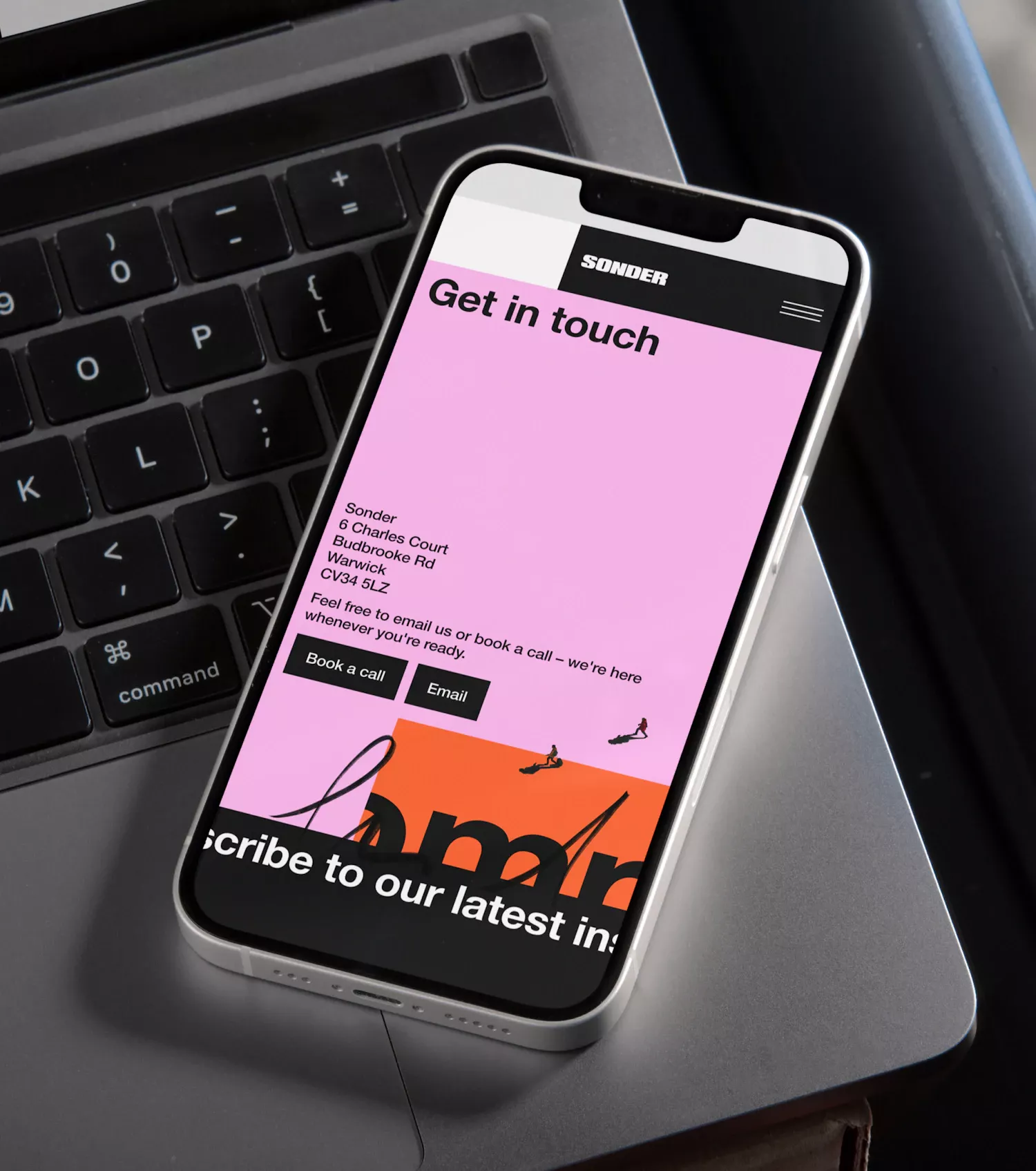 The image showcases a clean, modern mobile interface design with a vibrant pink/purple accent against a light background. The layout is minimalist, focusing attention on the call-to-action text and clear navigation elements.