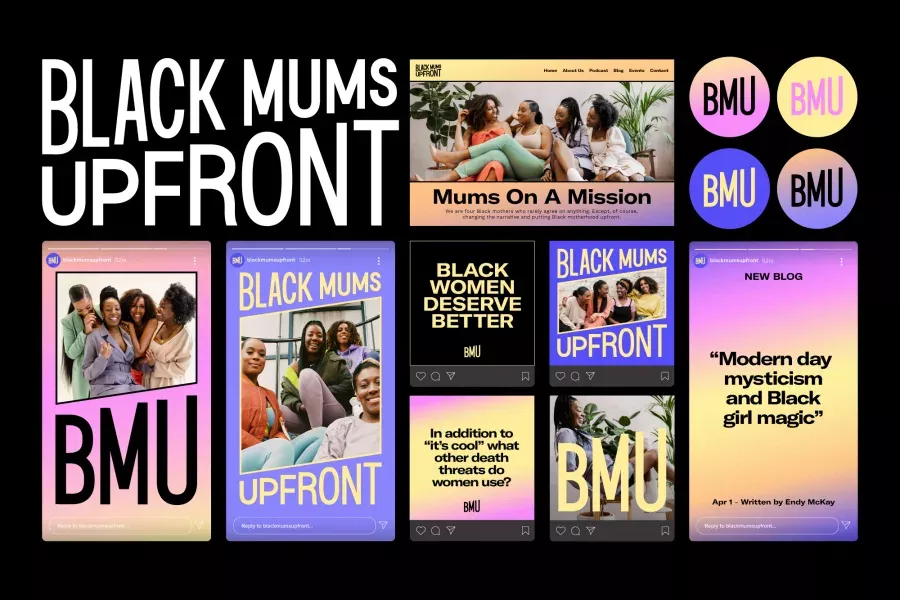 This image is a cohesive grid of book covers and promotional materials centered around the theme 'Black Mums Upfront,' utilizing bold typography and rich, warm color palettes. The visual language is assertive and celebratory, effectively conveying themes of identity and empowerment through graphic design.