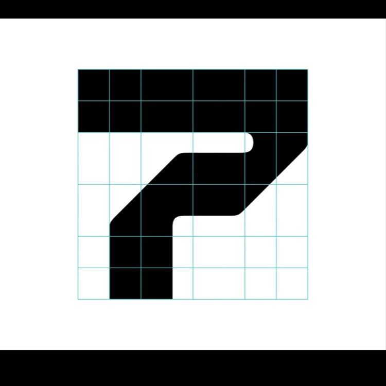 The image presents a stark, minimalist graphic composed of a bold, black shape against a white background, structured within a grid system. The design relies on negative space and geometric precision to convey a sense of structure and modern simplicity.