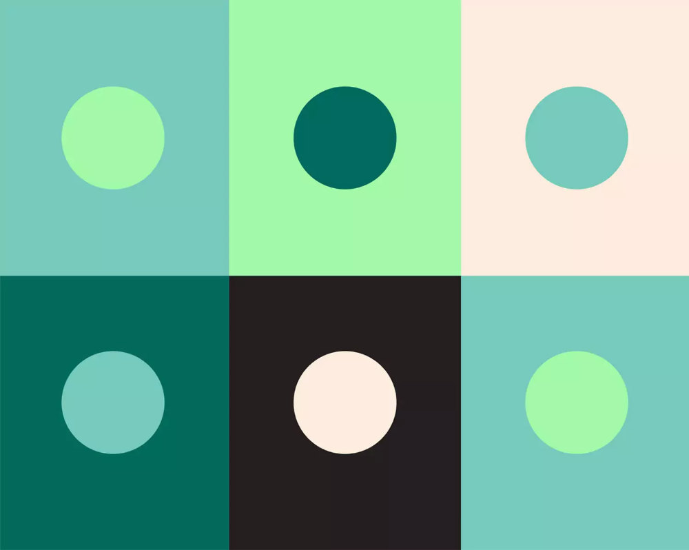 This design features a clean, modular grid layout utilizing soft, cool tones and high contrast between solid blocks and circular negative space. The visual language is minimalist and geometric, relying on subtle shifts in green and teal hues to create depth and harmony.