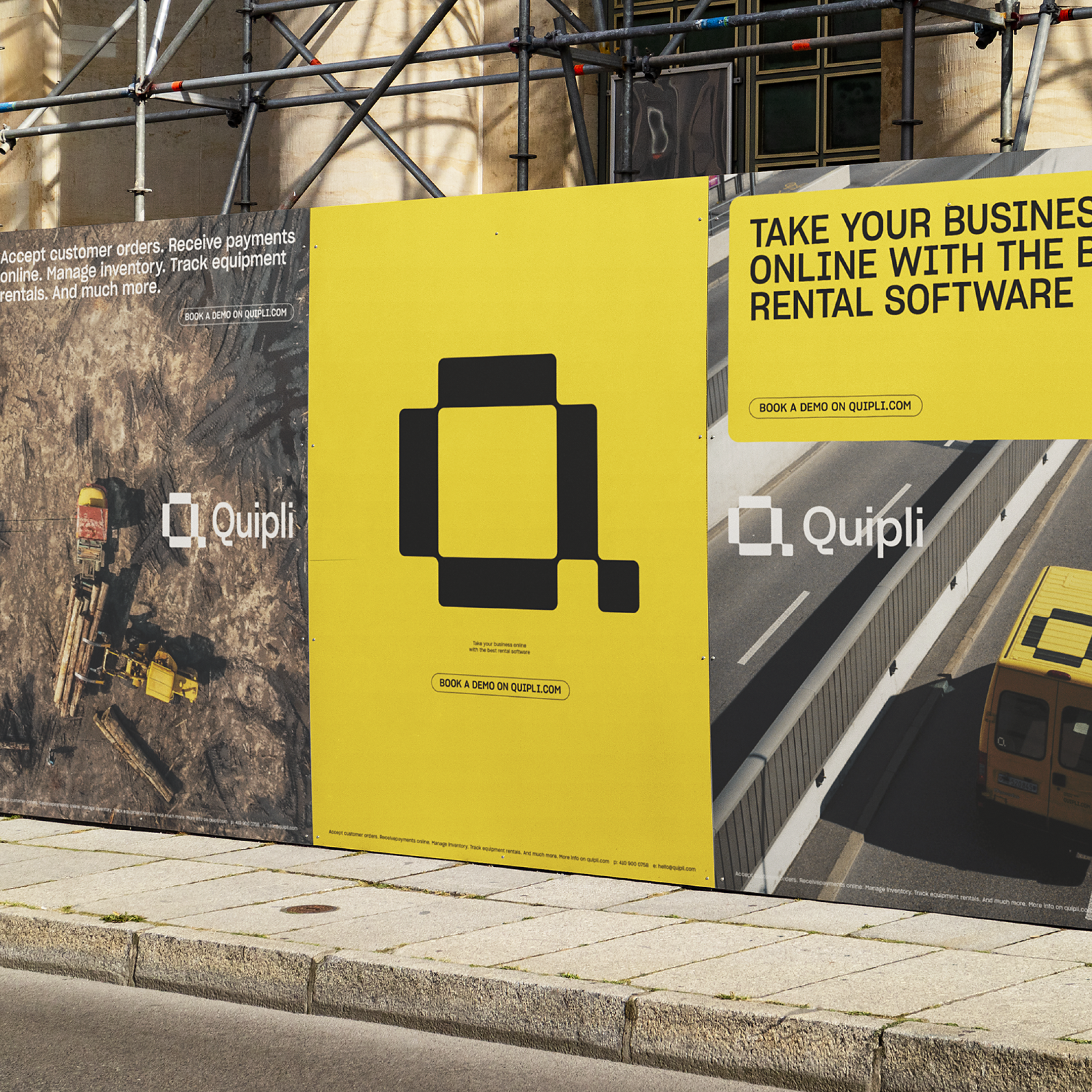 This is a clean, high-contrast commercial advertisement using strong graphic elements to promote business software. The design utilizes industrial textures and clear typography to convey professionalism and functionality, effectively guiding the viewer toward a call to action.