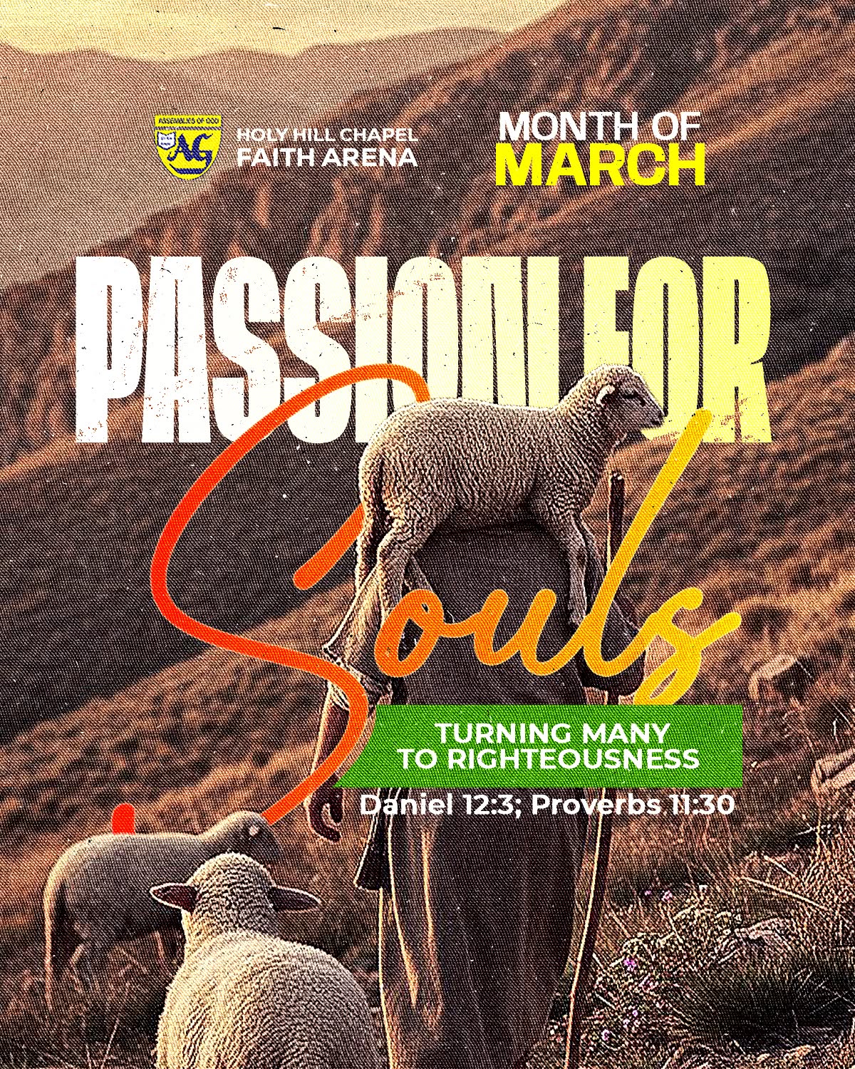 The poster utilizes a rustic, earthy aesthetic dominated by muted browns and deep greens to convey a serious, spiritual theme. The composition is centered around a textured sheep figure against a rugged landscape, creating a strong sense of pastoral reverence.