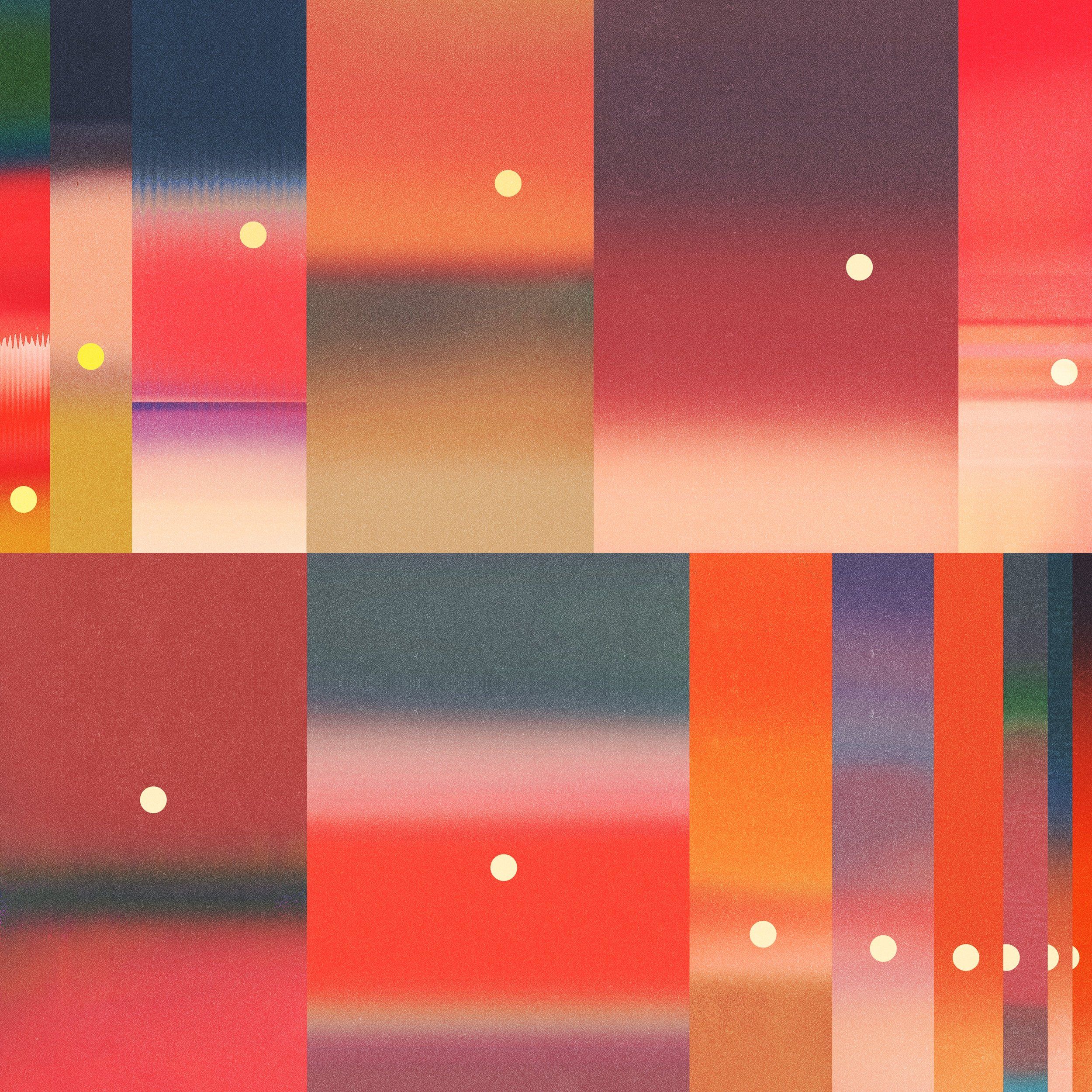 This image is an abstract, vertical striped composition characterized by soft gradients and muted, warm tones. The design employs a subtle interplay of color shifts and luminous dots to create a sense of depth and gentle movement.