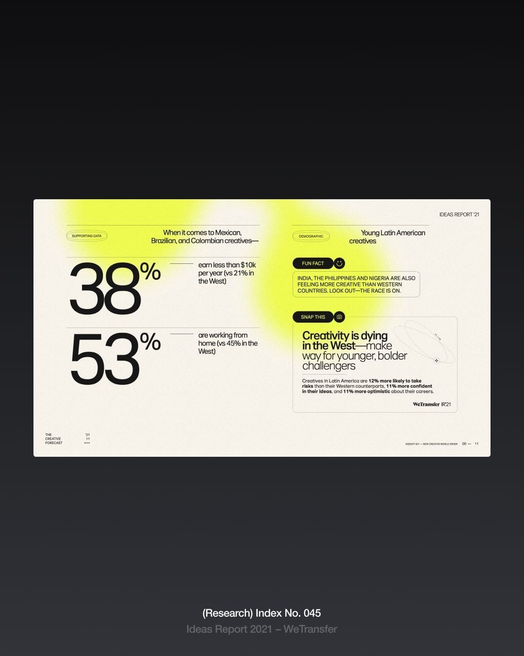 This design employs a stark, minimalist approach to present data visually. The layout is clean and highly structured, prioritizing clear hierarchy between large statistical figures and supporting textual details.