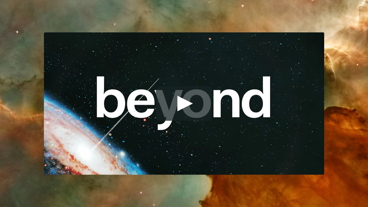 The image features a dark, space-themed background with vibrant nebulae framing a clean, minimalist text overlay. The design balances deep cosmic imagery with modern, bold typography to create an expansive and intriguing visual statement.