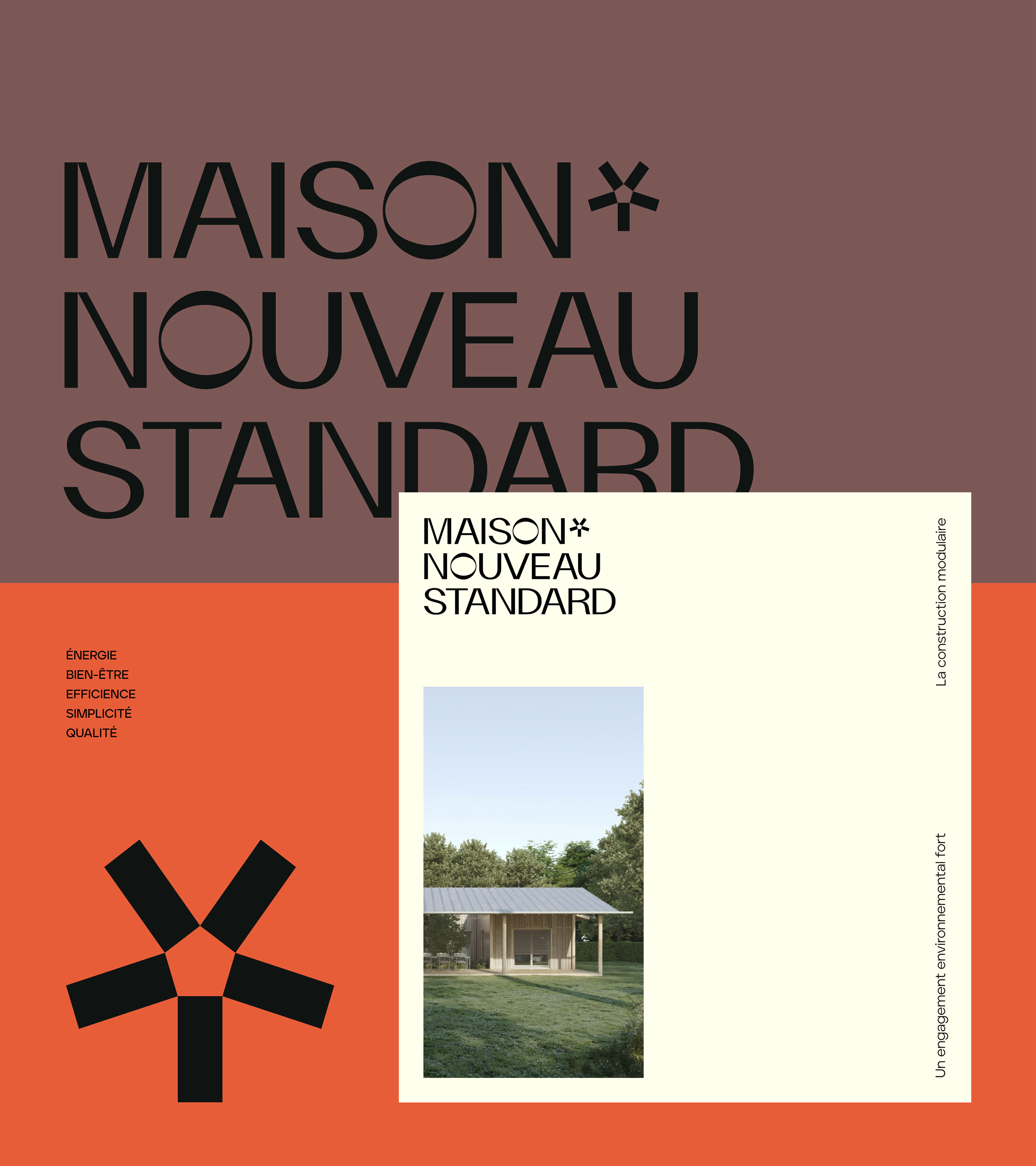 This design utilizes a strong, high-contrast palette of deep muted tones and vibrant orange to establish a professional and modern aesthetic. The composition relies heavily on clean typography and geometric shapes to convey concepts of standardization and quality in the architectural field.