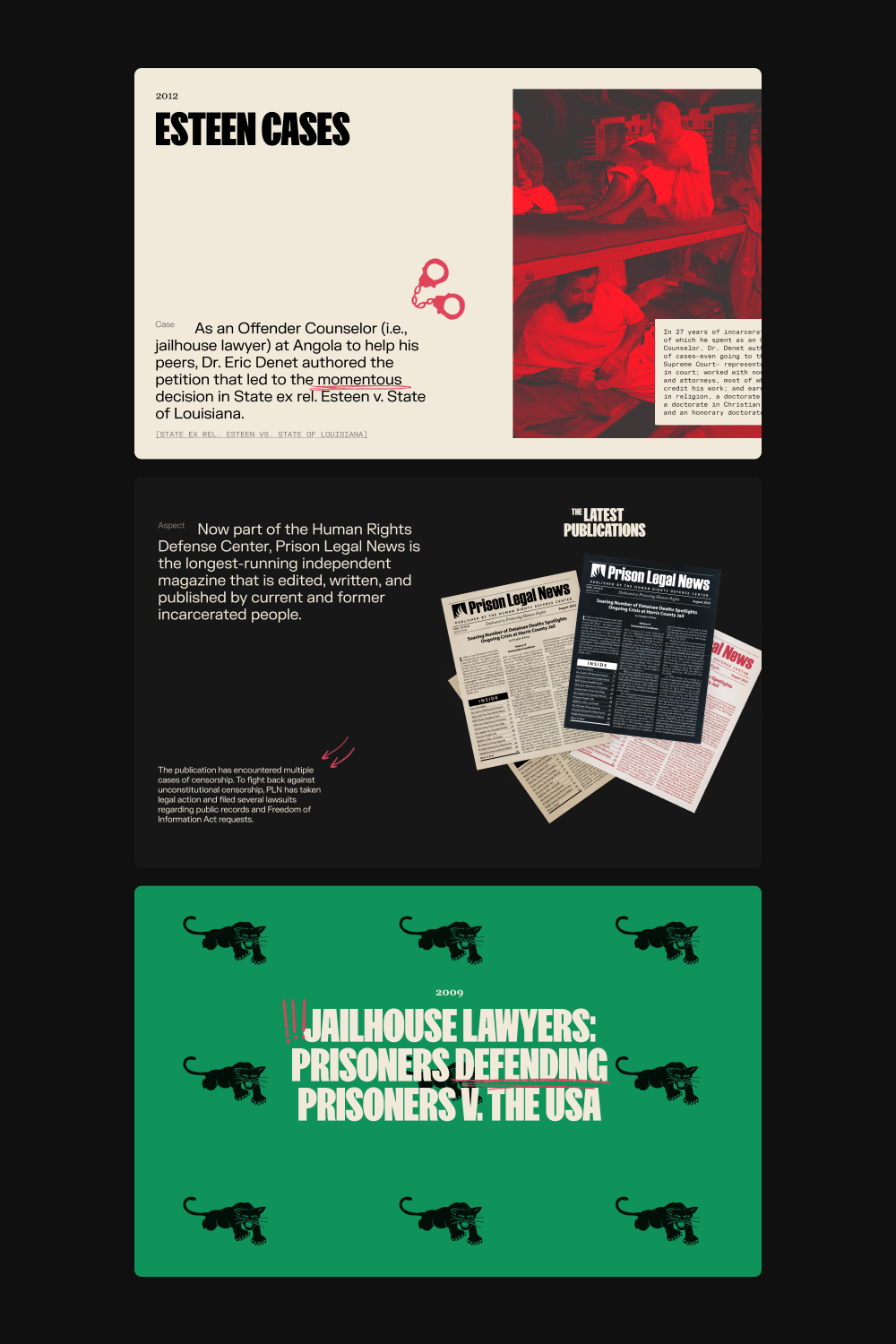This design utilizes a stark, monochromatic palette dominated by deep greens and blacks to convey seriousness and gravity. The visual language is direct and informational, employing clear typography and strong graphic elements to organize complex legal information. The overall feel is authoritative, intense, and dedicated to advocacy.