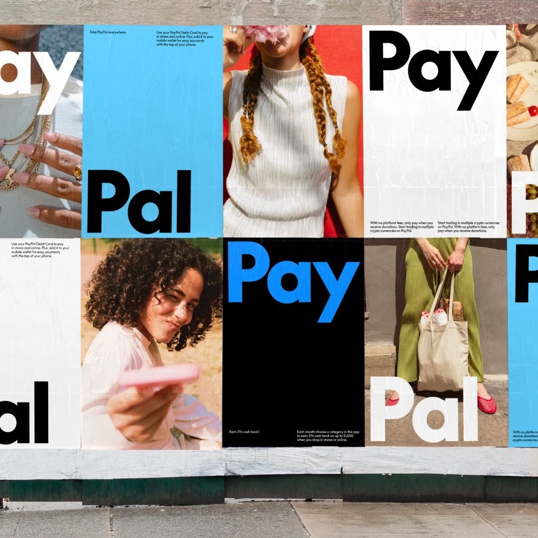 This image utilizes a fragmented grid layout to showcase branding elements, juxtaposing bold typography with candid photographic moments. The design employs high contrast between dark and light areas to create a modern, dynamic visual rhythm centered around digital payment services.