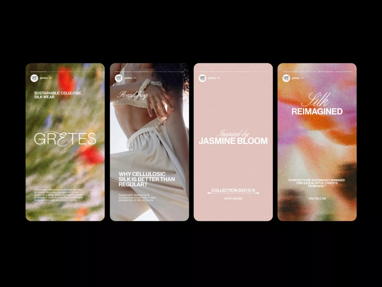 This is a series of clean, minimalist promotional cards or social media posts featuring soft, muted color palettes and elegant typography. The design emphasizes natural textures and high-end, sustainable aesthetics through subtle gradients and ample negative space.