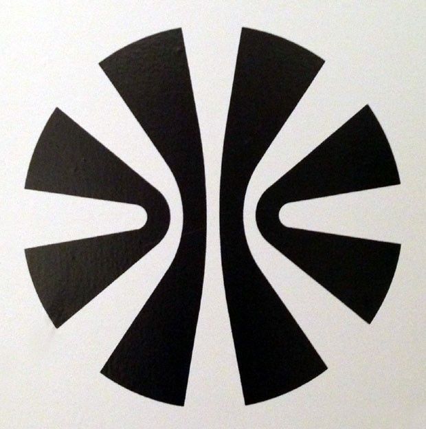 A bold, symmetrical geometric logo featuring two mirrored curved shapes that create a dynamic negative space in the center. The design uses stark black and white contrast with a minimalist aesthetic that conveys strength and balance through its abstract form.