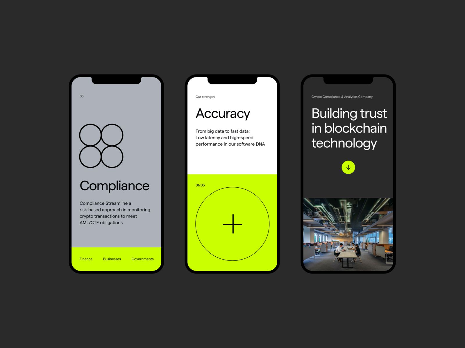 The image presents a clean, modern, and professional set of three distinct mobile screen mockups, utilizing a dark background contrasted with bright, vibrant lime green accents. The design emphasizes clarity and trust through simple iconography and strong typography.