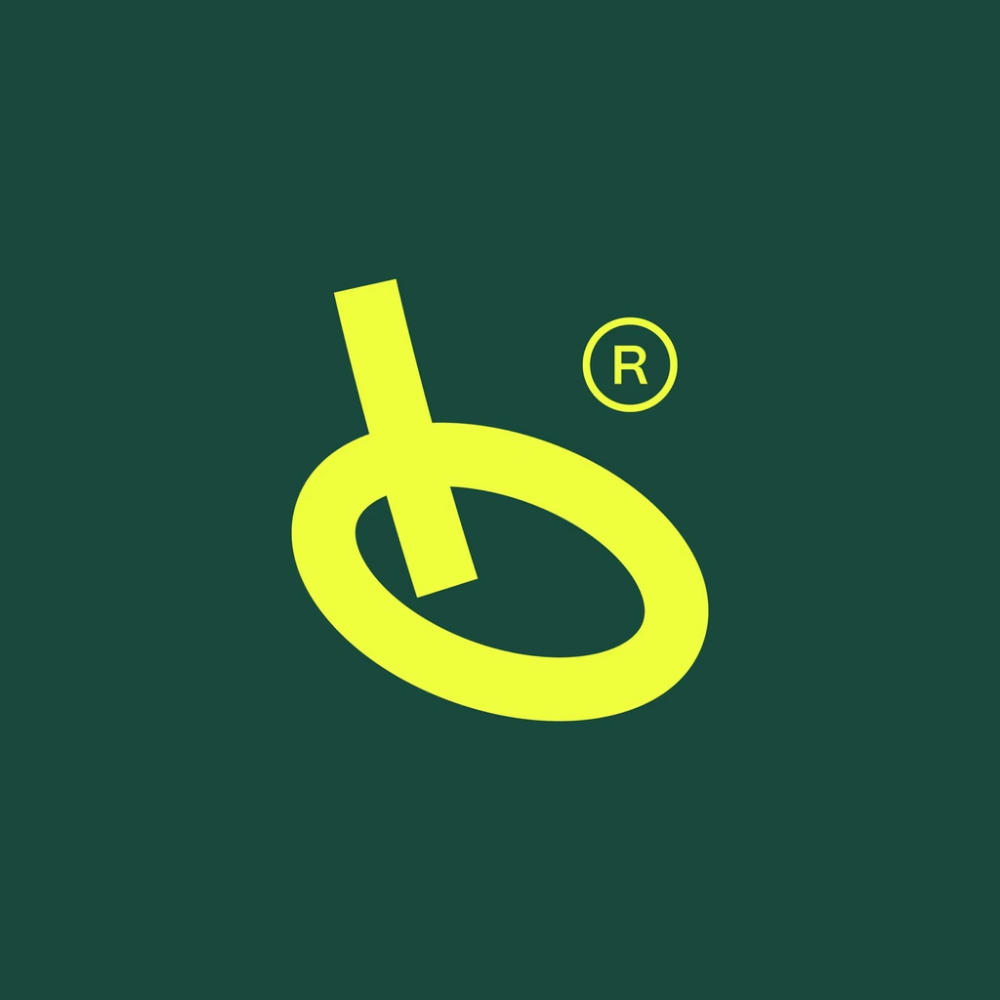 The design features a minimalist, abstract logo mark rendered in a bright yellow against a deep, muted green background. The mark combines a vertical line element with an incomplete circle or oval shape, suggesting concepts like connection, flow, or branding.