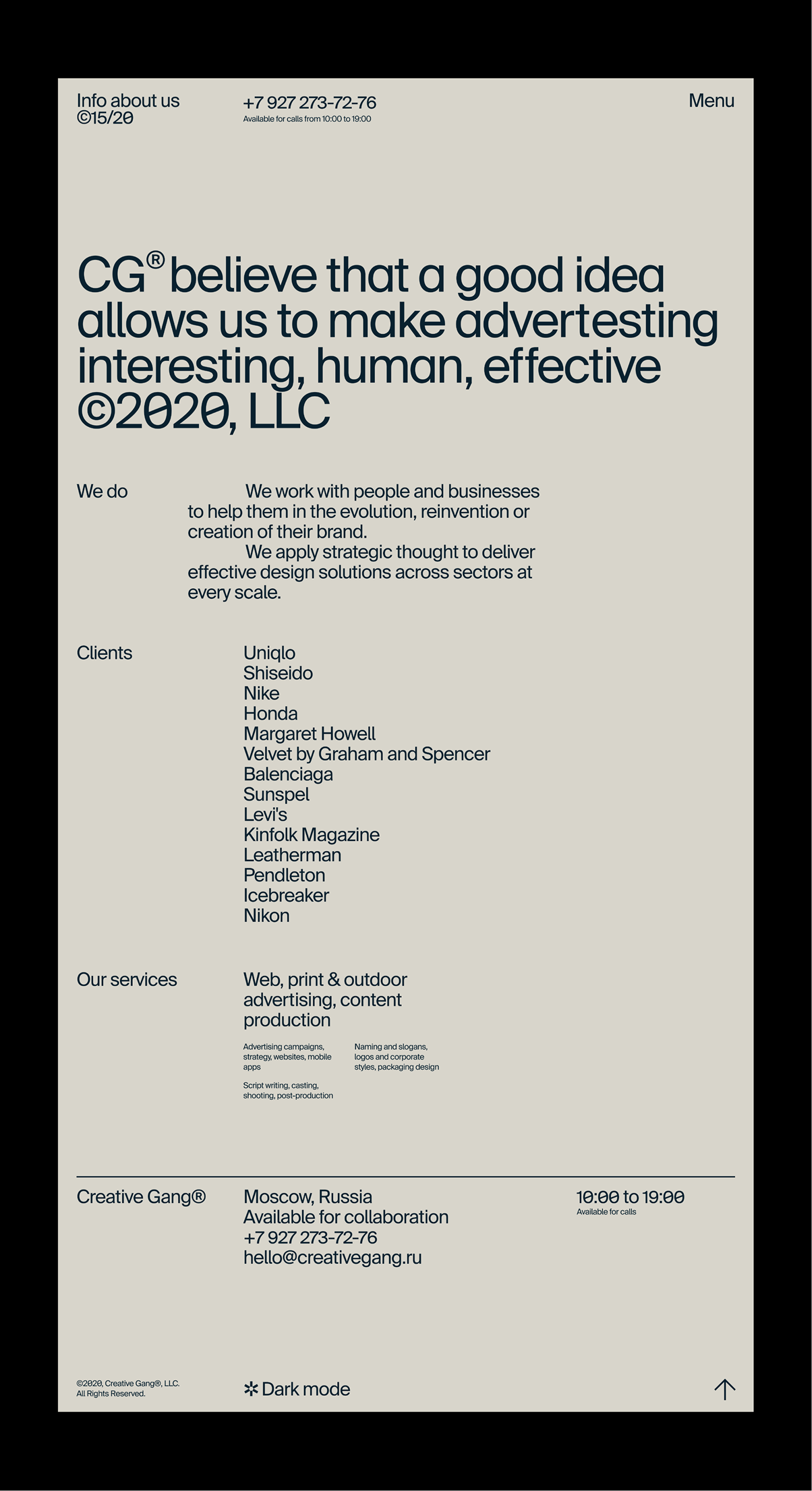 The design is minimalist, clean, and professional, utilizing ample white space to convey a sense of clarity and established corporate identity. The layout is structured with clear hierarchy, focusing attention on the core message and listed services.
