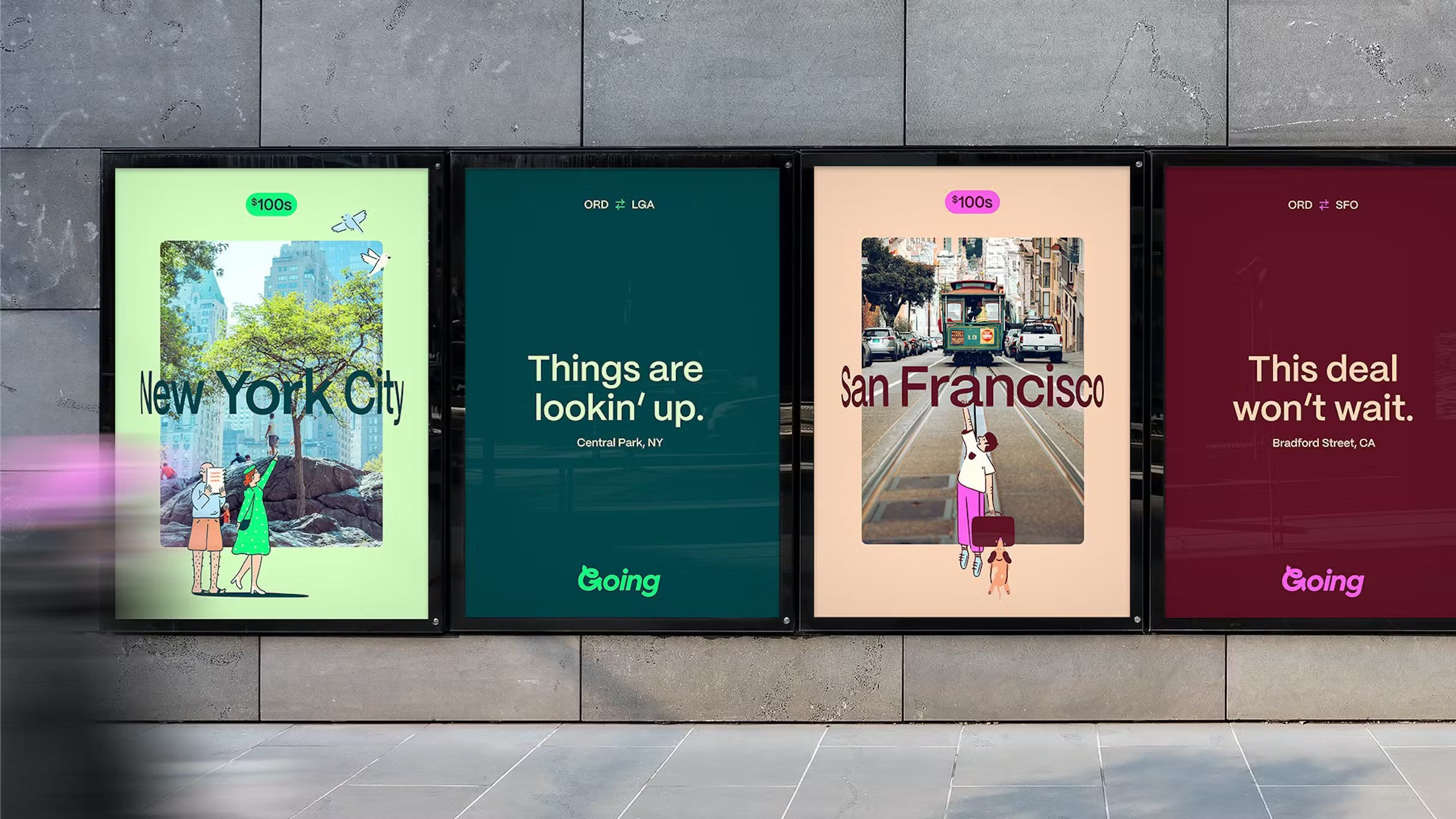 This is a series of four vertical panels featuring minimalist, evocative photography paired with clean, modern typography. The design uses a muted, earthy color palette contrasted by pops of vibrant green and pink/magenta to create a sophisticated yet approachable visual narrative.