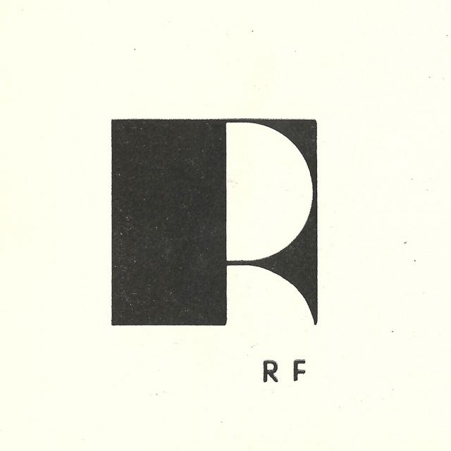 A minimalist monogram logo featuring geometric abstraction with a dark rectangular form and two white circular cutouts creating a balanced, modern mark. The design employs negative space effectively to suggest the letters 'R' and 'F' through pure form and contrast.