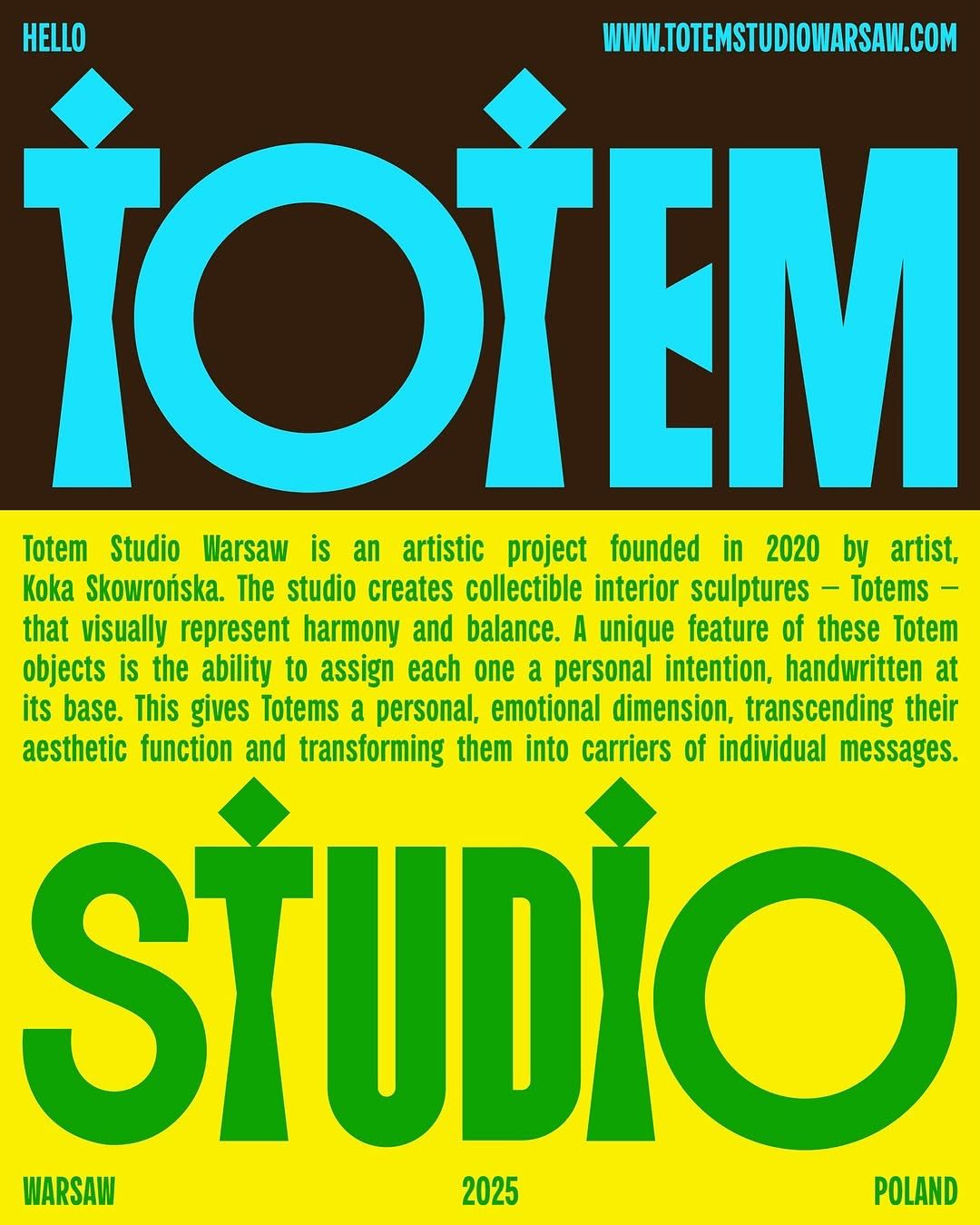 This design utilizes high contrast between deep background tones and vibrant, electric colors to create a striking and modern brand identity. The visual language is bold and graphic, effectively communicating an artistic and contemporary studio focus through strong typography.