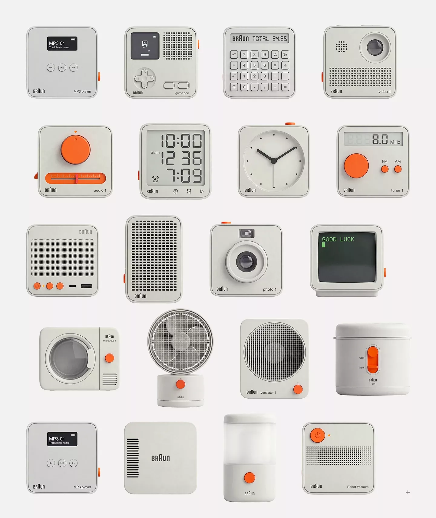 The image displays a collection of various electronic devices, primarily focusing on small, modern gadgets with a clean, minimalist aesthetic. The design language emphasizes functionality through simple, tactile controls and a uniform, matte finish.
