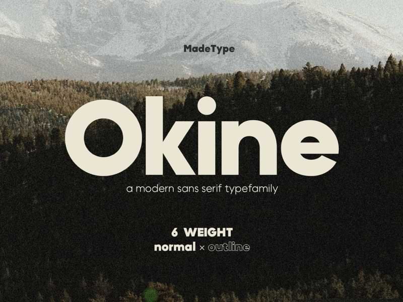 This is a clean, minimalist presentation showcasing a typeface named 'Okine,' emphasizing modern sans-serif typography against a natural, muted background. The design relies on high contrast between the white text and the dark, textured forest imagery to convey sophistication and organic simplicity.