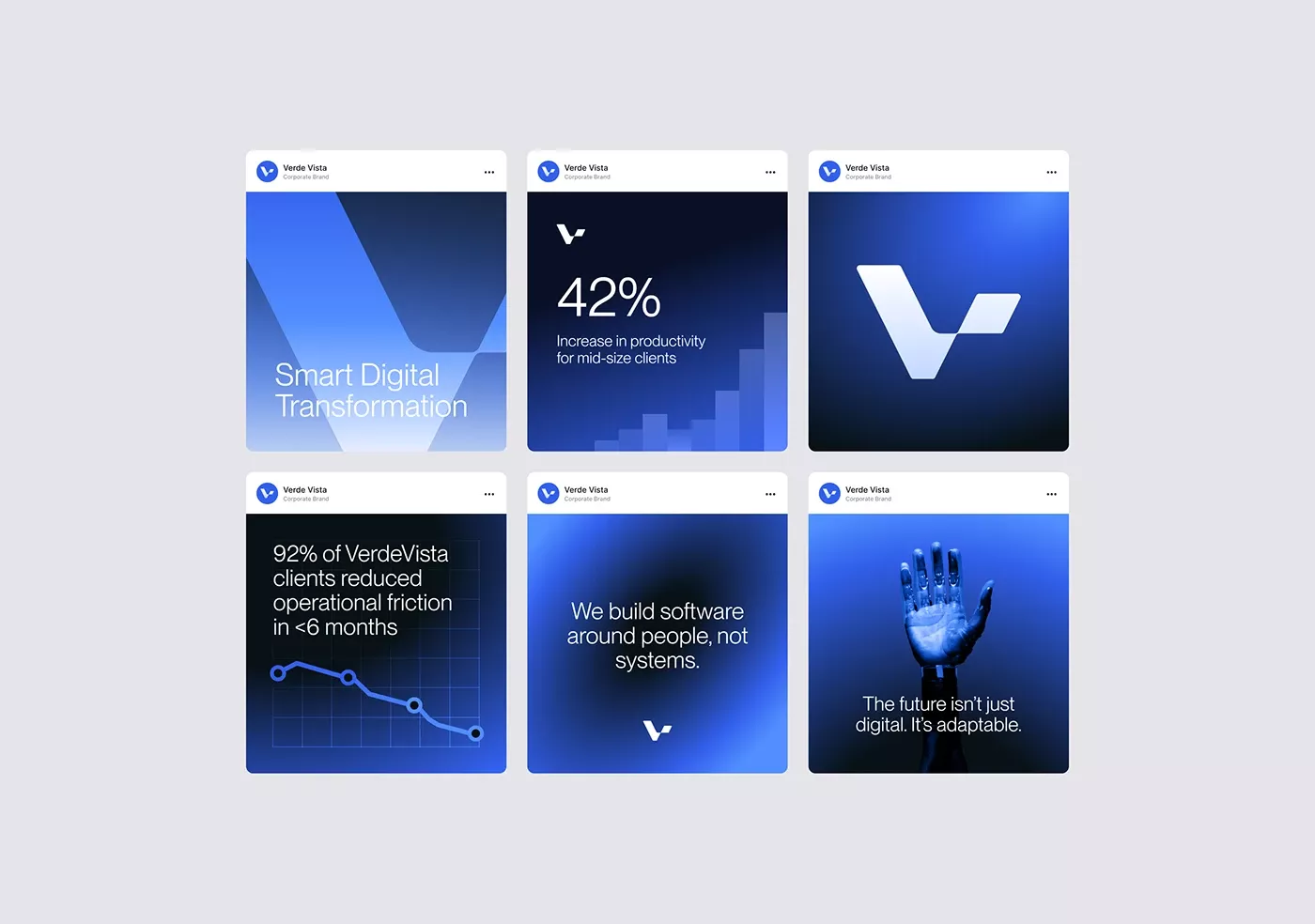This design utilizes a clean, modern aesthetic dominated by deep blues and white to convey professionalism and technological expertise. The visual language is structured, relying on clear typography and subtle graphical elements to present data and conceptual ideas effectively. The overall feel is trustworthy, innovative, and corporate.