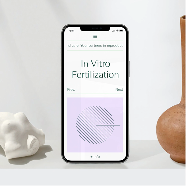 The image displays a clean, modern mobile application screen featuring a title card for 'In Vitro Fertilization' against a minimalist, light background. The design emphasizes clarity and professionalism through ample white space and subtle use of color accents.