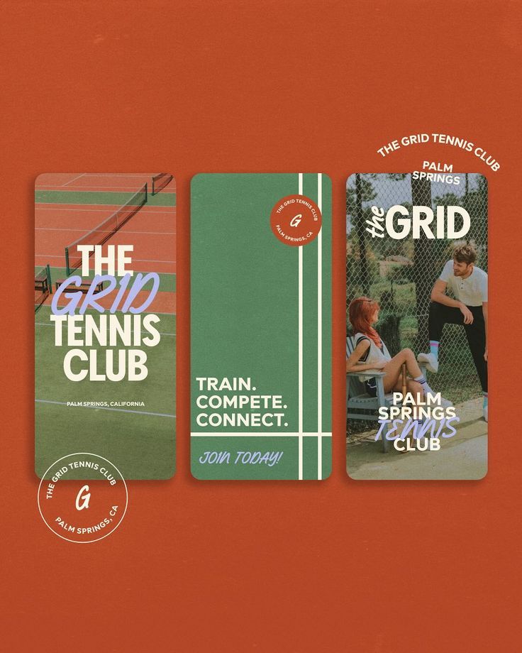 This design utilizes a bold, high-contrast color scheme of burnt orange and deep green to create an energetic yet established feel. The visual language is clean and structured, effectively using strong blocks of color to segment promotional information for the tennis club.