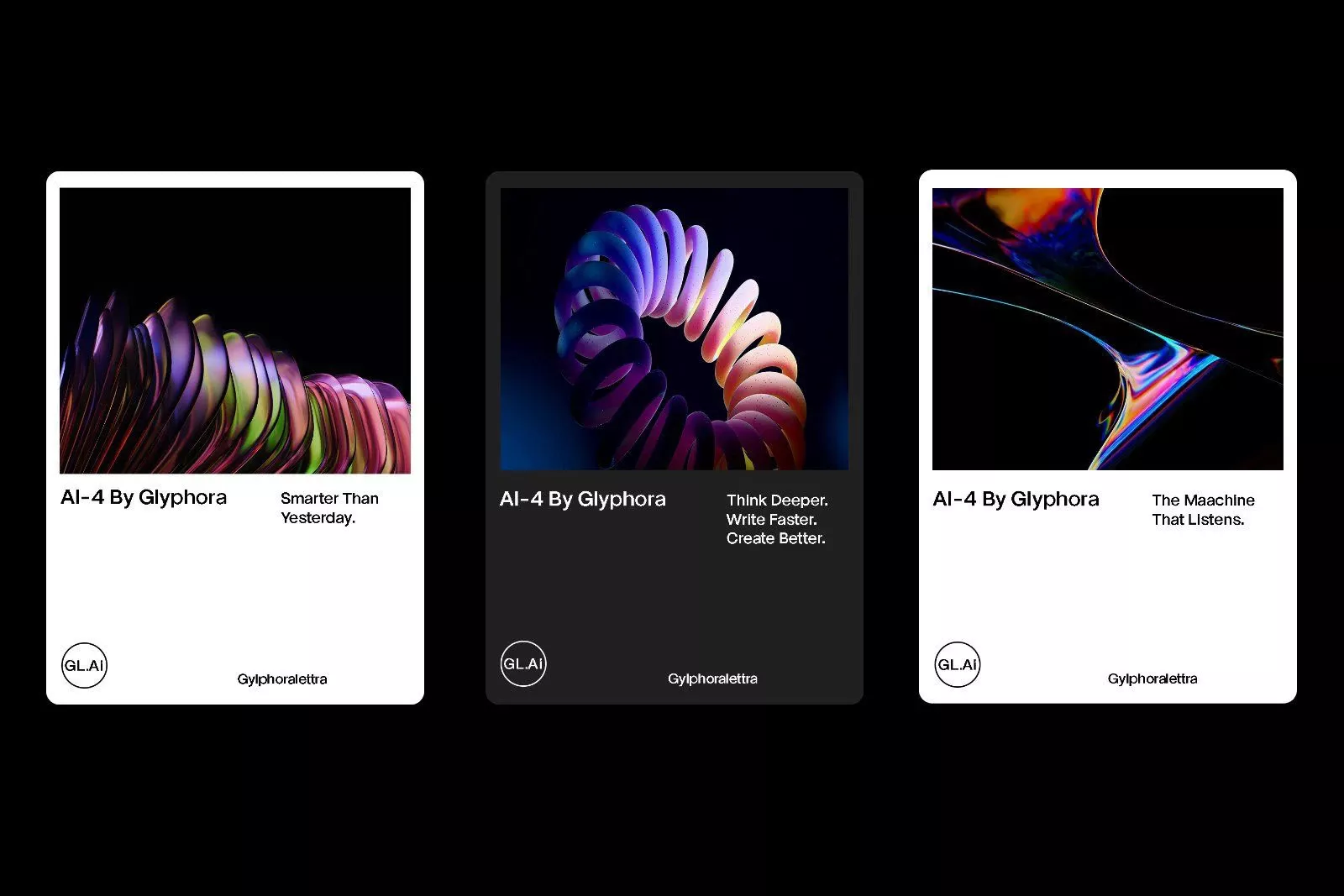 This image presents four examples of abstract, flowing digital forms characterized by vibrant gradients and smooth transitions set against a dark background. The visual language is highly contemporary, emphasizing fluidity, depth, and sophisticated color play.