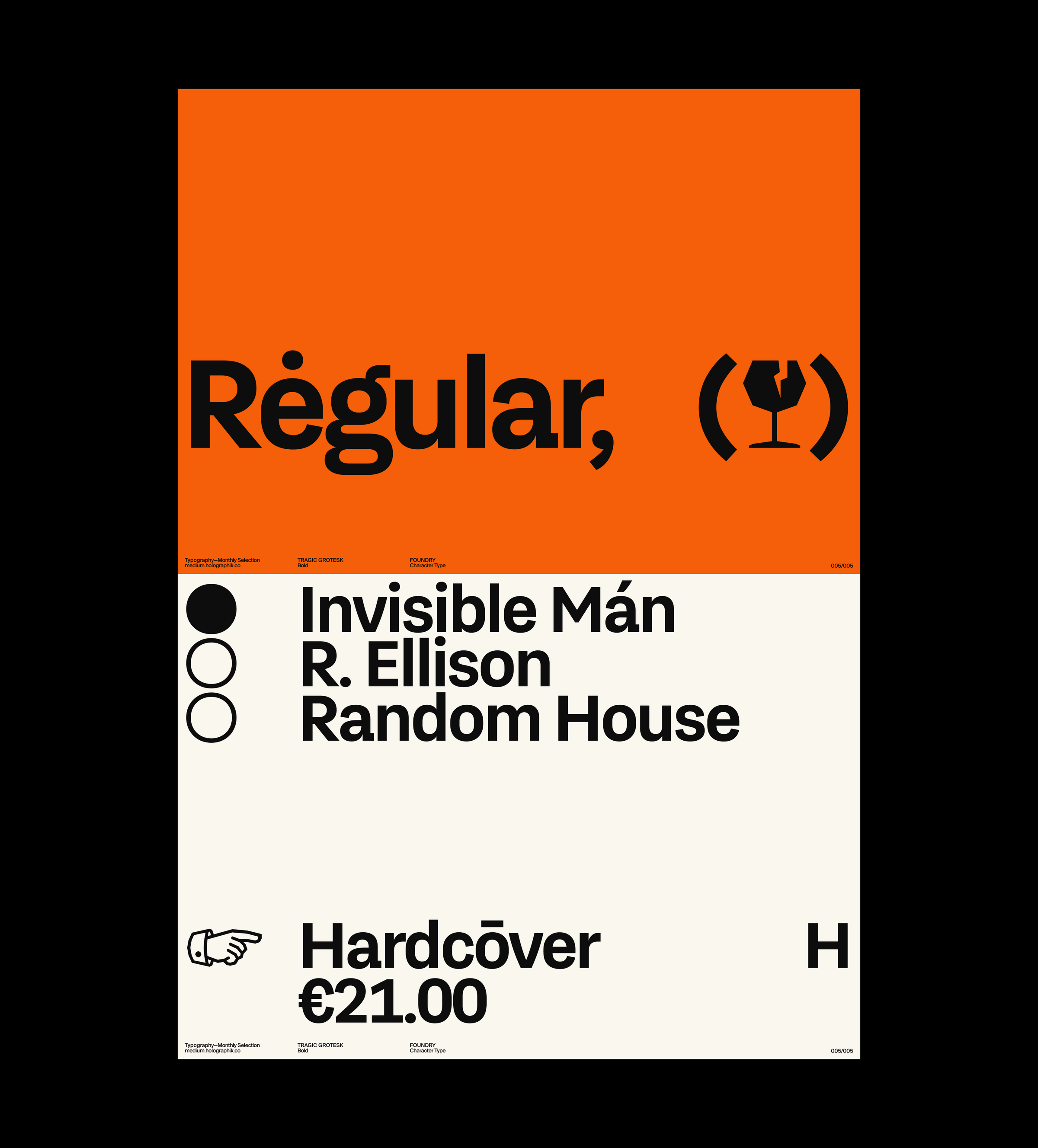 This design employs a stark, high-contrast layout dominated by vibrant orange and clean black typography to establish immediate visual hierarchy. The composition is highly structured, using negative space effectively to separate key information such as the title, author, and pricing details. The overall feel is modern, direct, and professional, suggesting a serious literary or academic publication.