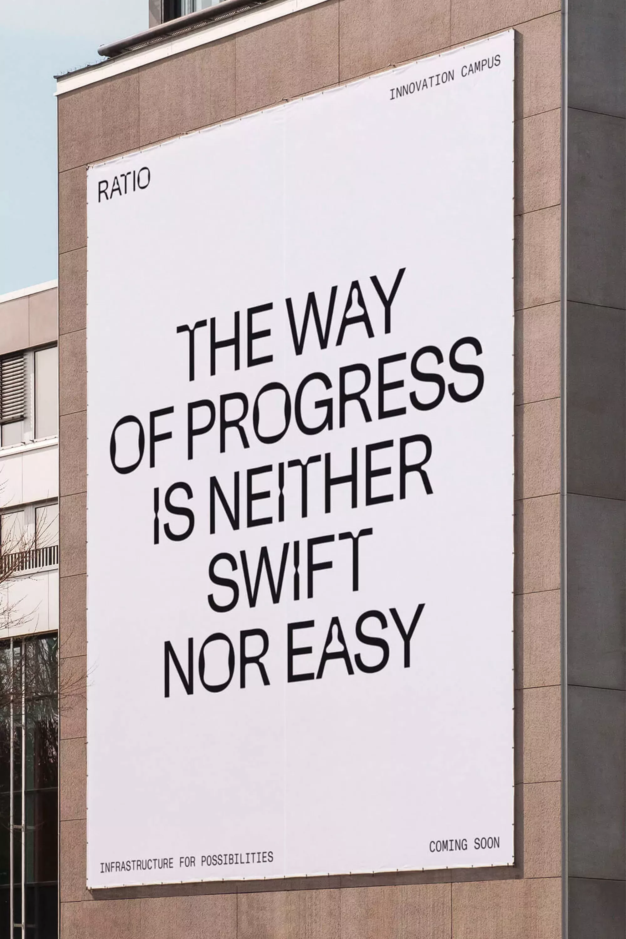 This design employs a stark, minimalist approach, using high contrast between black text and a white background to convey a serious philosophical statement. The visual language is clean, academic, and highly legible, relying entirely on typography and negative space to deliver its message.