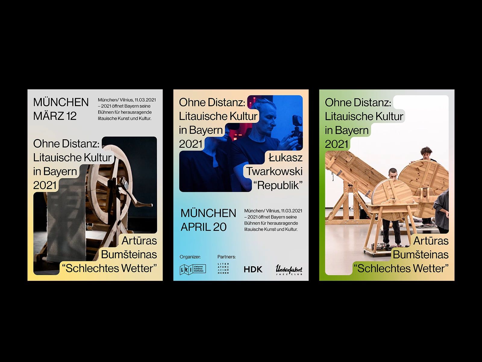 The image presents a series of promotional posters, likely for cultural events, characterized by a clean, modern, and somewhat stark design. The visual language relies on strong photographic elements juxtaposed with clear, bold typography to convey an artistic or cultural theme.