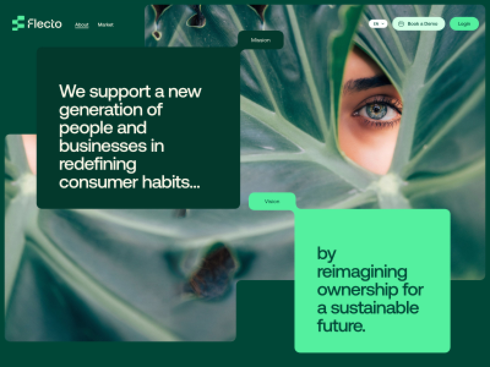 The design features a dark, moody, and organic visual style dominated by deep greens and natural textures, suggesting themes of growth, nature, and transformation. The layout is clean, using overlaid text boxes against a high-quality photographic background to convey a sophisticated and forward-thinking message.