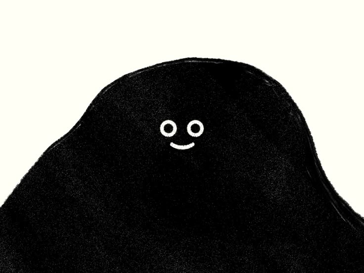 This is a minimalist, high-contrast illustration featuring a simple, dark, amorphous shape with a small, friendly facial expression. The visual language relies heavily on silhouette and negative space to convey emotion.