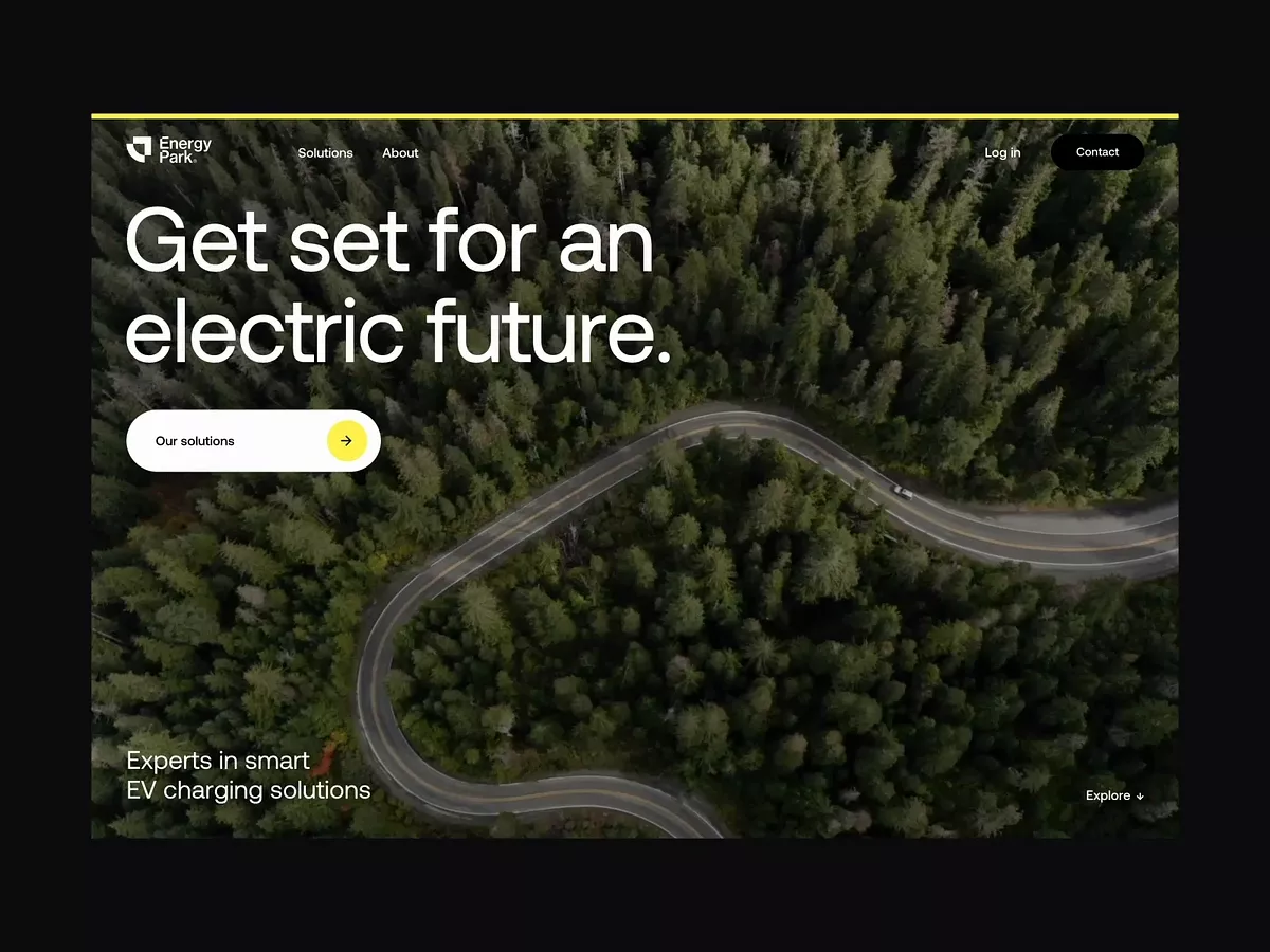 A modern, sustainability-focused website hero featuring an aerial view of a winding road through dense forest. The design combines bold typography with environmental imagery to communicate innovation in electric vehicle charging solutions. The dark overlay and minimalist navigation create a premium, forward-thinking aesthetic.