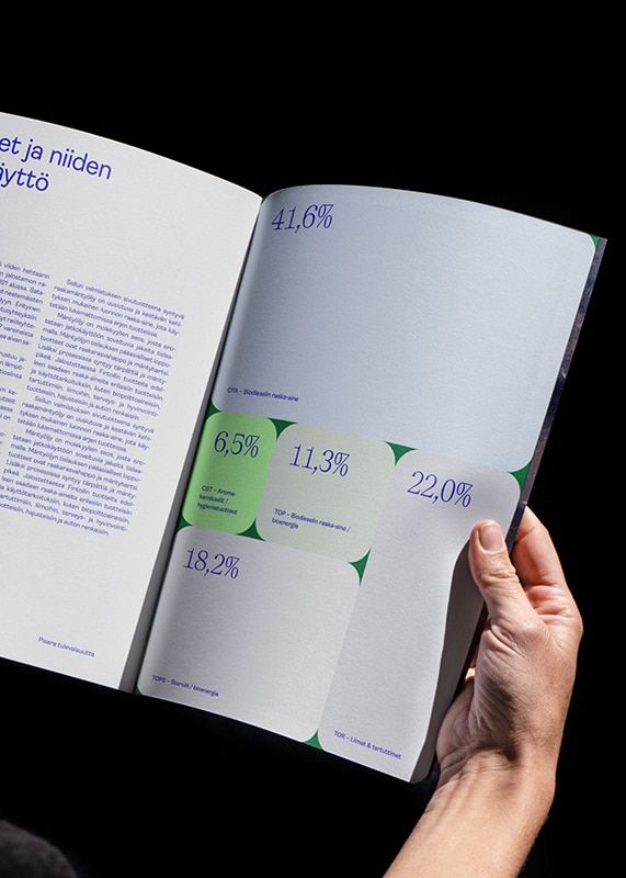 A minimalist data visualization publication featuring statistical infographics with percentage metrics displayed across an open spread. The design employs a clean, modern aesthetic with strategic use of color-coded data points and geometric shapes to communicate quantitative information. The composition balances dense text on the left with visual data representation on the right, creating an accessible editorial layout.