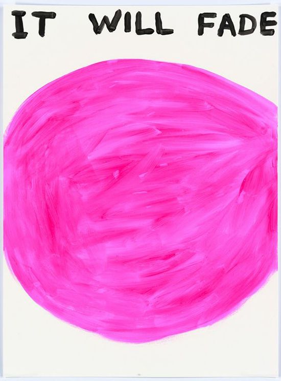 This artwork uses expressive brushstrokes and bold color saturation to convey a sense of temporality and decay. The juxtaposition of the vibrant pink circle against the stark black text creates a compelling tension between beauty and ephemerality. The overall visual language is raw, gestural, and highly emotional.