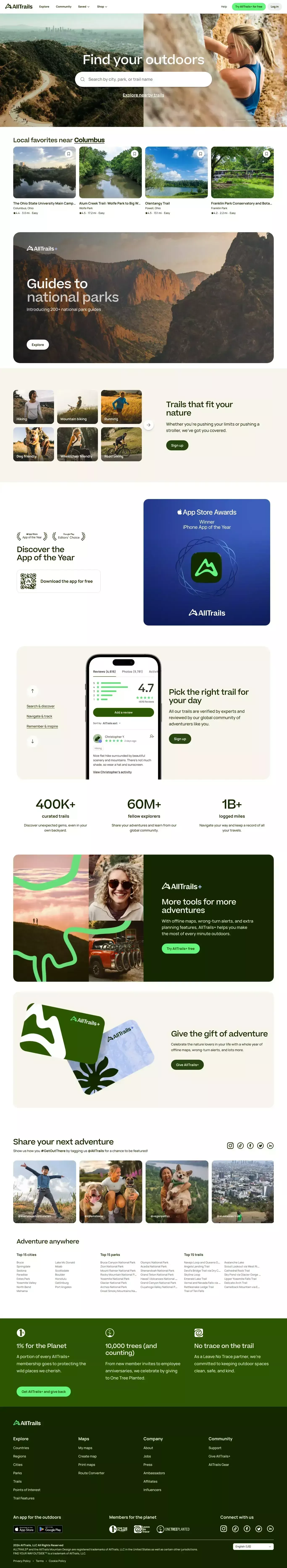 The design presents a clean, modern, and nature-focused interface, utilizing ample white space and high-quality photography to convey an adventurous and trustworthy brand. The layout is modular, featuring clear calls to action and visually rich content blocks.