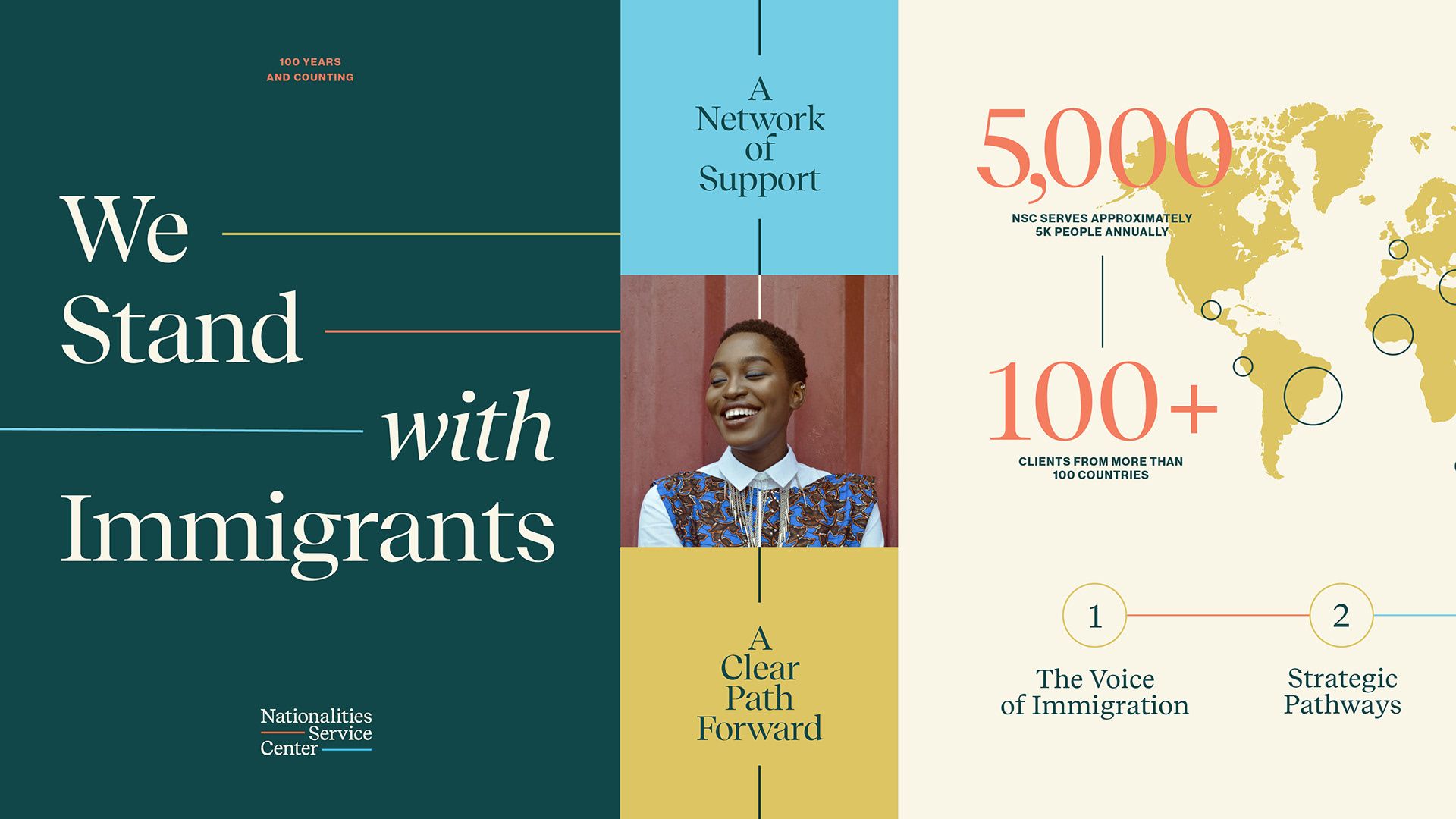 The design is clean, professional, and uses a muted, earthy color palette with strong horizontal divisions to convey trust and stability. The layout is balanced, using negative space effectively to highlight key statistics and the central message.