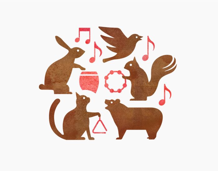 This is a charming, hand-drawn illustration featuring various woodland creatures—a rabbit, a bird, a cat, and a bear—arranged dynamically around musical notes. The style is organic and warm, suggesting a whimsical or nature-inspired theme.