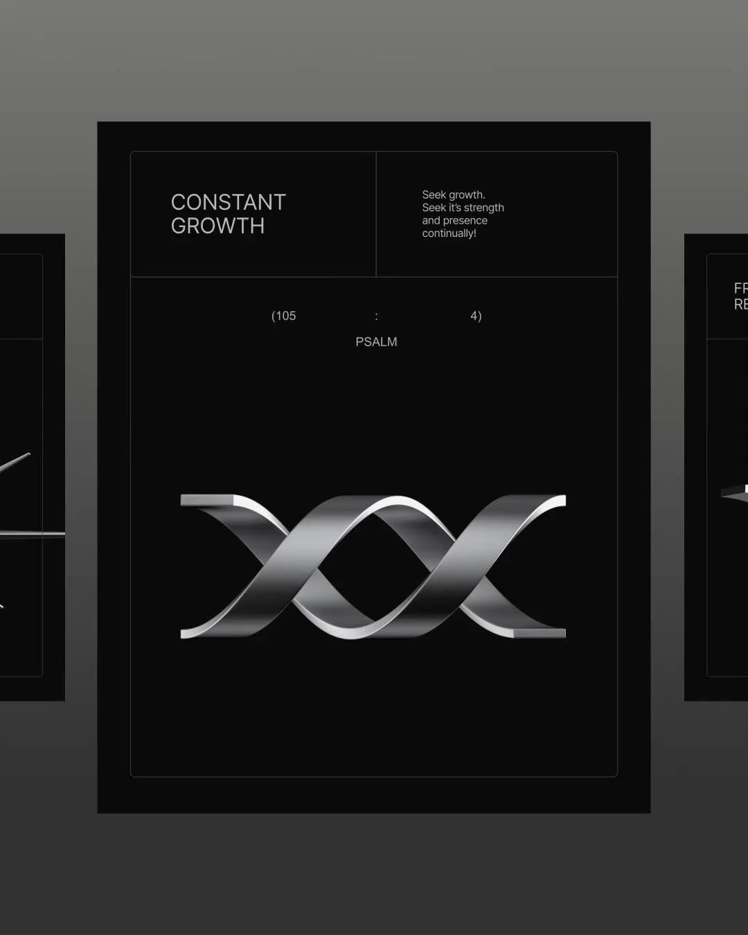 This design exemplifies modern minimalism through high contrast and precise typography. The composition is clean, centered, and focuses attention on a sophisticated metallic motif set against a deep, monochromatic background. The visual language is serene and highly focused, emphasizing elegance and subtle depth.