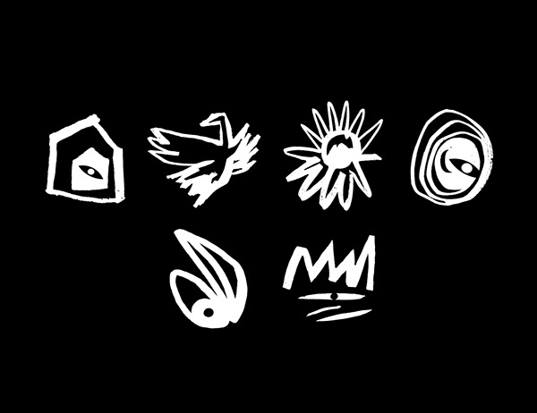 This image presents a collection of hand-drawn, minimalist line art icons against a stark black background. The visual language relies heavily on negative space and high contrast, emphasizing raw texture and simple, symbolic shapes.