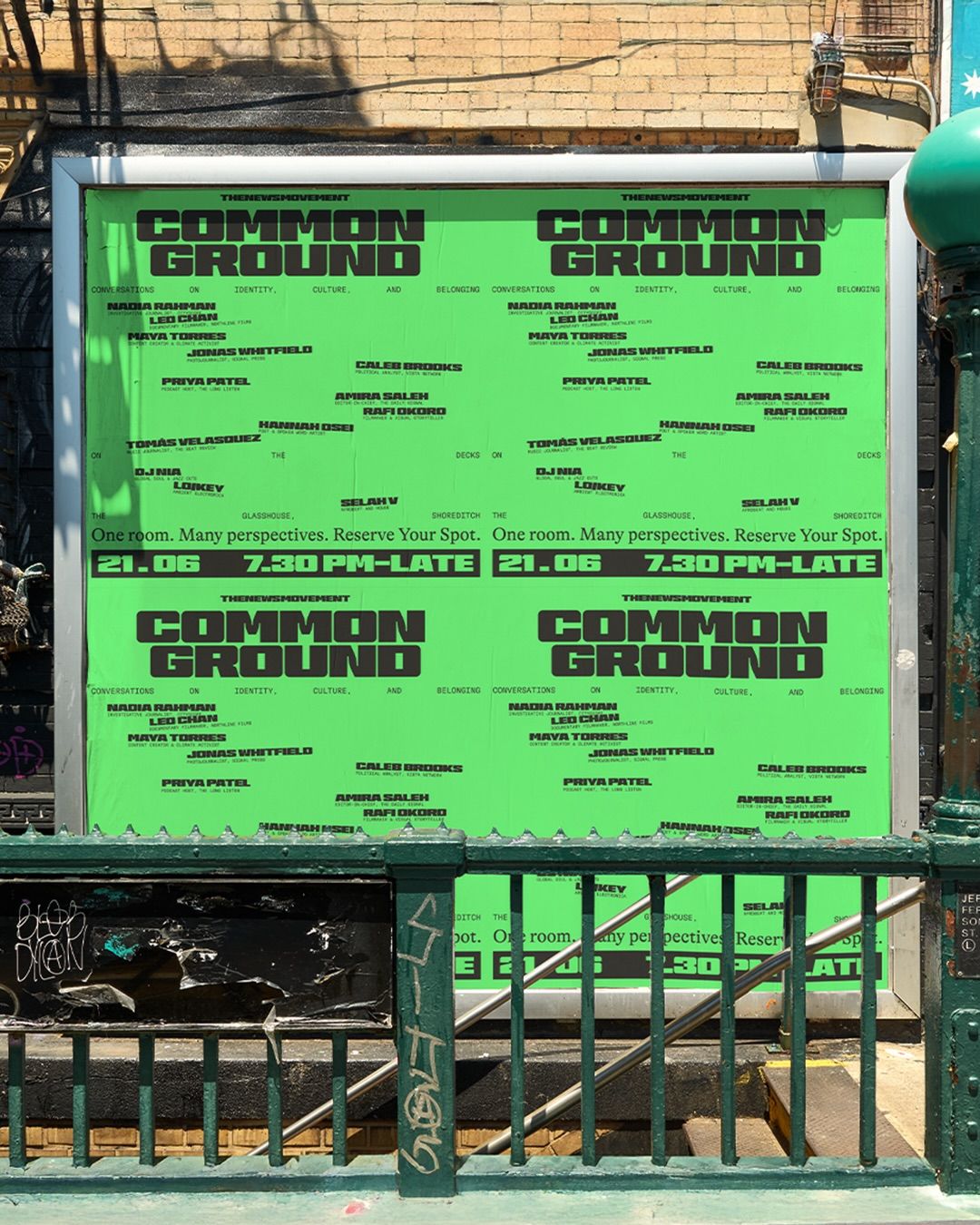 This image features a large, institutional-style sign with a grid layout listing numerous names under the heading 'COMMON GROUND'. The design is functional and text-heavy, utilizing a high-contrast, monochromatic palette typical of public or organizational signage.