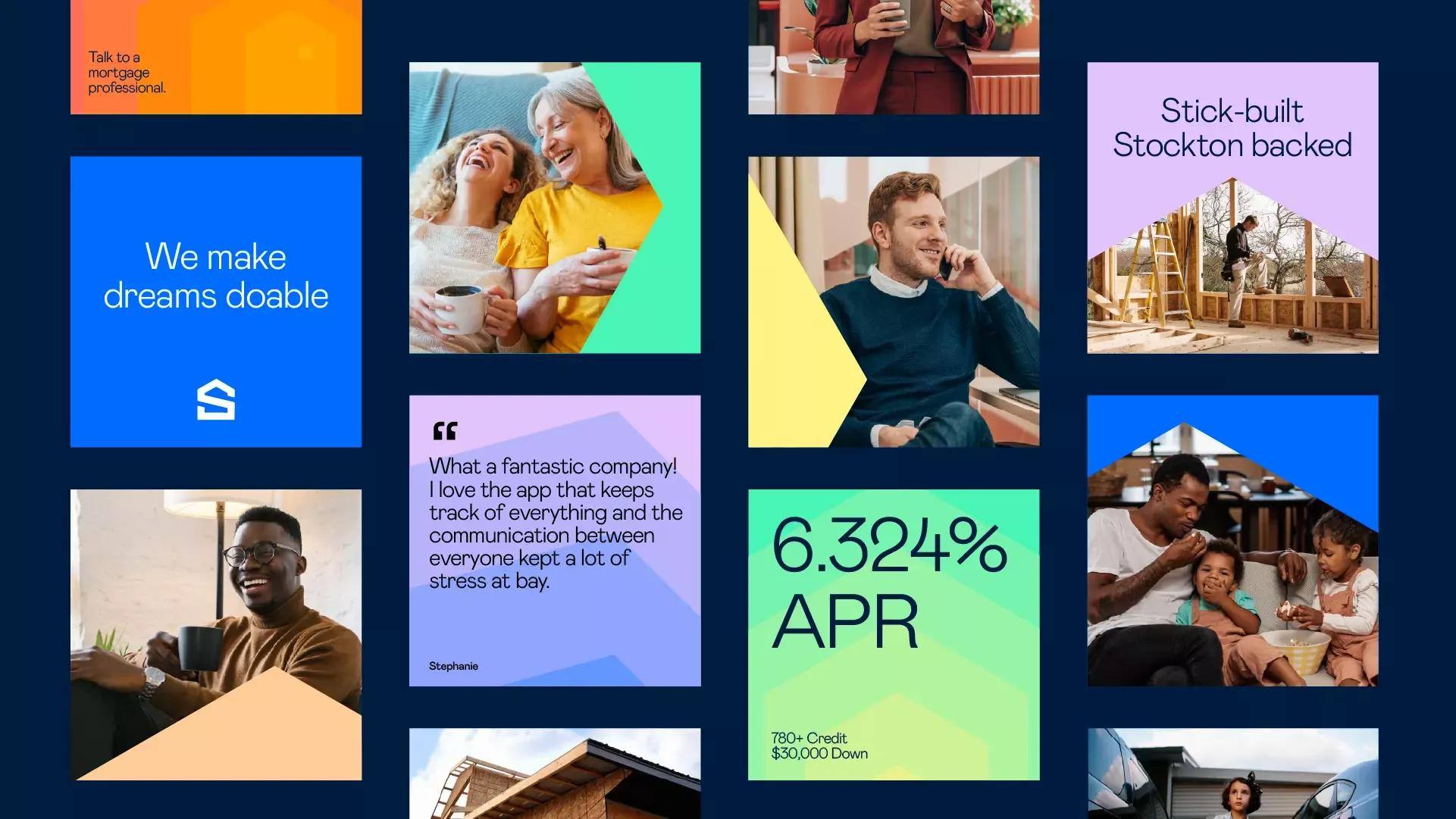 This image is a collage of various marketing or service-oriented graphic tiles, characterized by bold blocks of color and clear, concise text overlays. The design uses a modern, flat aesthetic with strong contrast between warm and cool tones to convey trust and achievement.