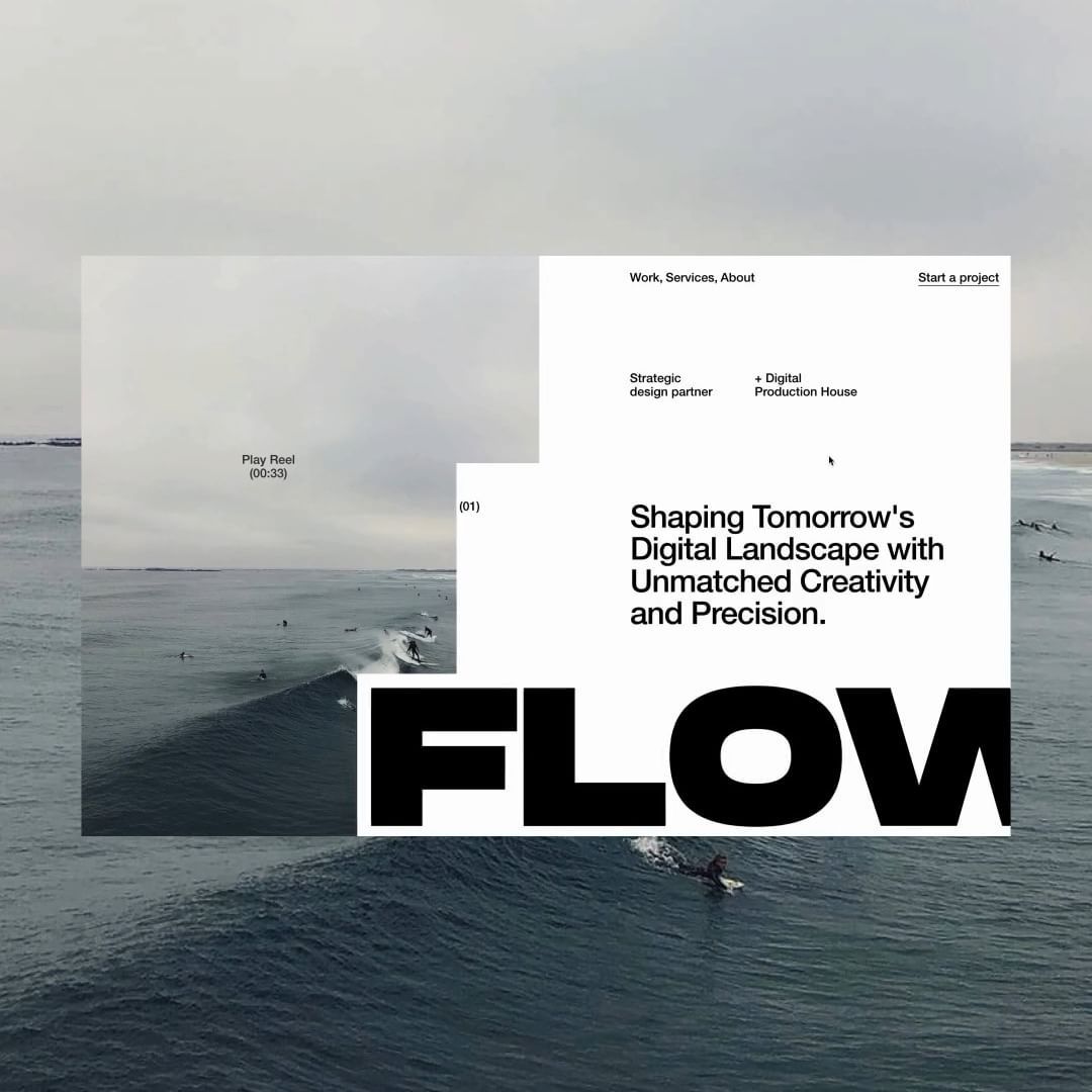 This design utilizes a stark, minimalist approach, contrasting clean white informational blocks against a moody, expansive seascape. The visual language is professional and modern, effectively pairing natural drama with structured corporate communication.