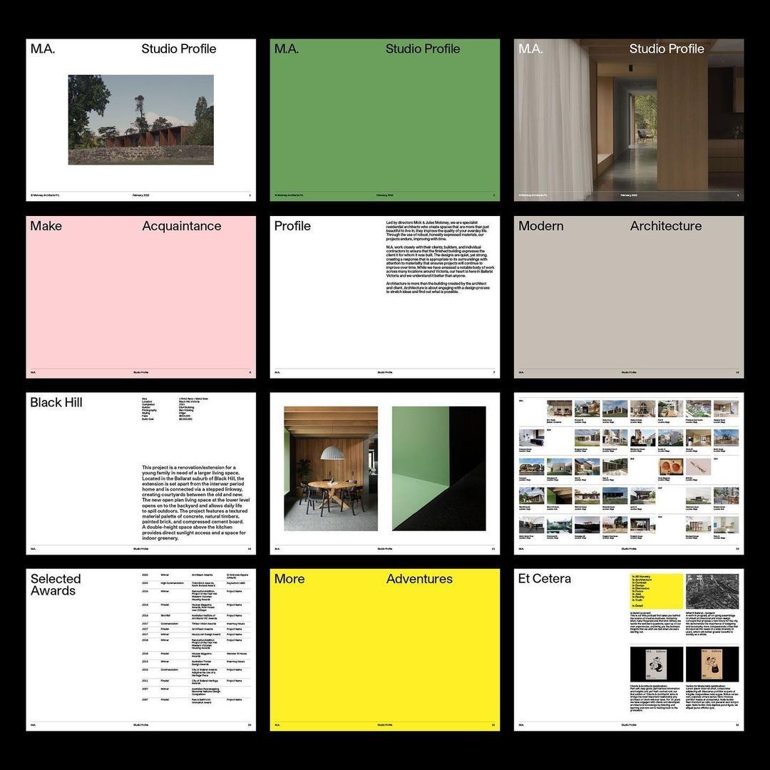 This image displays a grid of professional portfolio or studio profile mockups, characterized by clean, minimalist layouts and a restrained color palette. The design emphasizes white space and structured information presentation, suggesting a focus on corporate or architectural services.