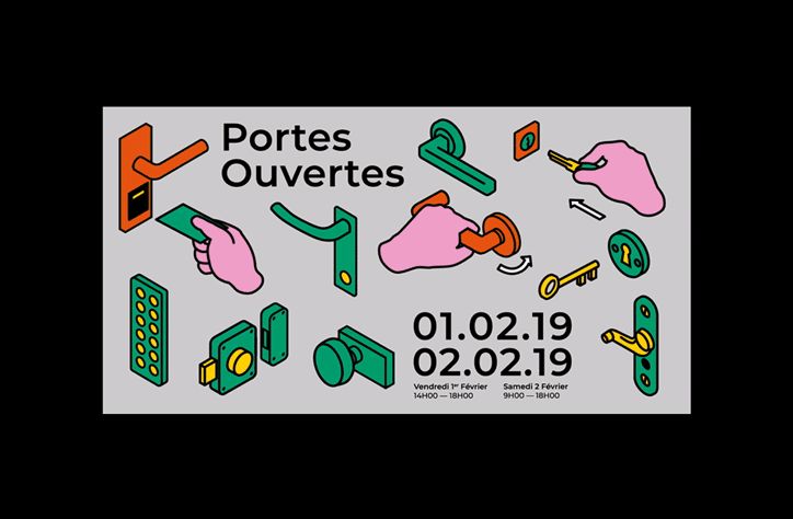 This design utilizes a clean, flat vector illustration style to depict various door and lock components. The visual language is precise and technical yet approachable, using simple shapes to convey concepts related to access and openings. The overall feel is modern, organized, and informative.