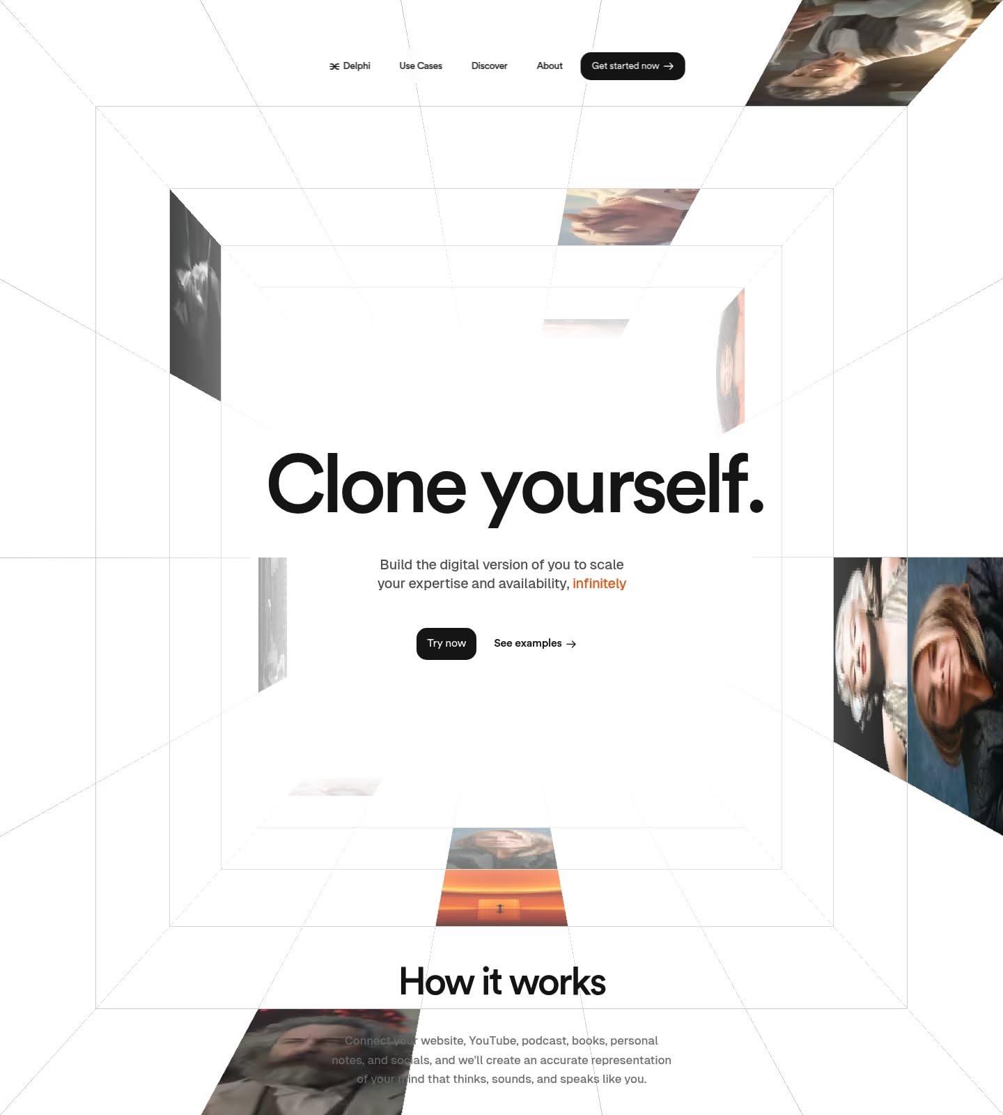 The design features a minimalist, clean aesthetic dominated by white space and subtle gradients, suggesting a modern and professional digital service. The layout is sparse, focusing attention on the central text and implied visual elements.