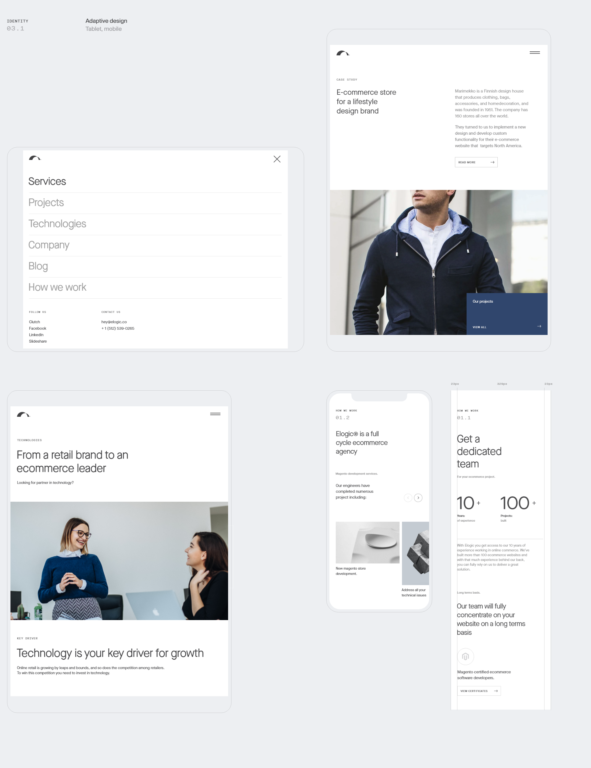 The design exhibits a clean, minimalist aesthetic characterized by ample white space and a professional, modern layout. It uses simple iconography and high-quality photography to convey expertise in a service-based industry.