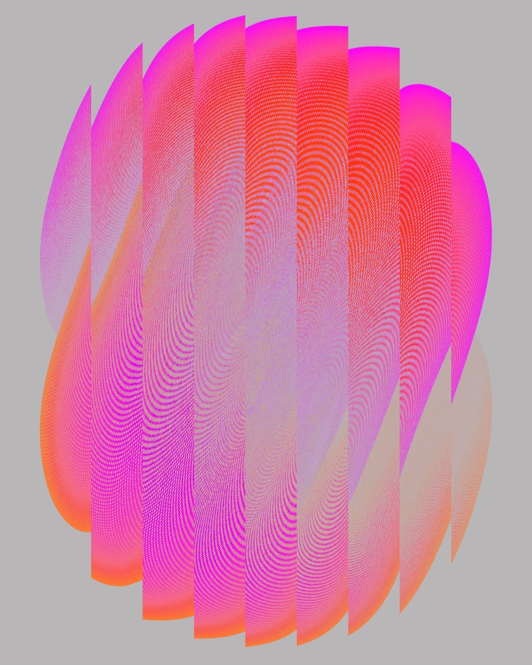 This abstract design features a vertical, striated pattern rendered in vibrant pinks and oranges, creating a sense of texture and rhythmic movement. The composition is dynamic, utilizing gradients and fine lines to suggest depth and organic flow.