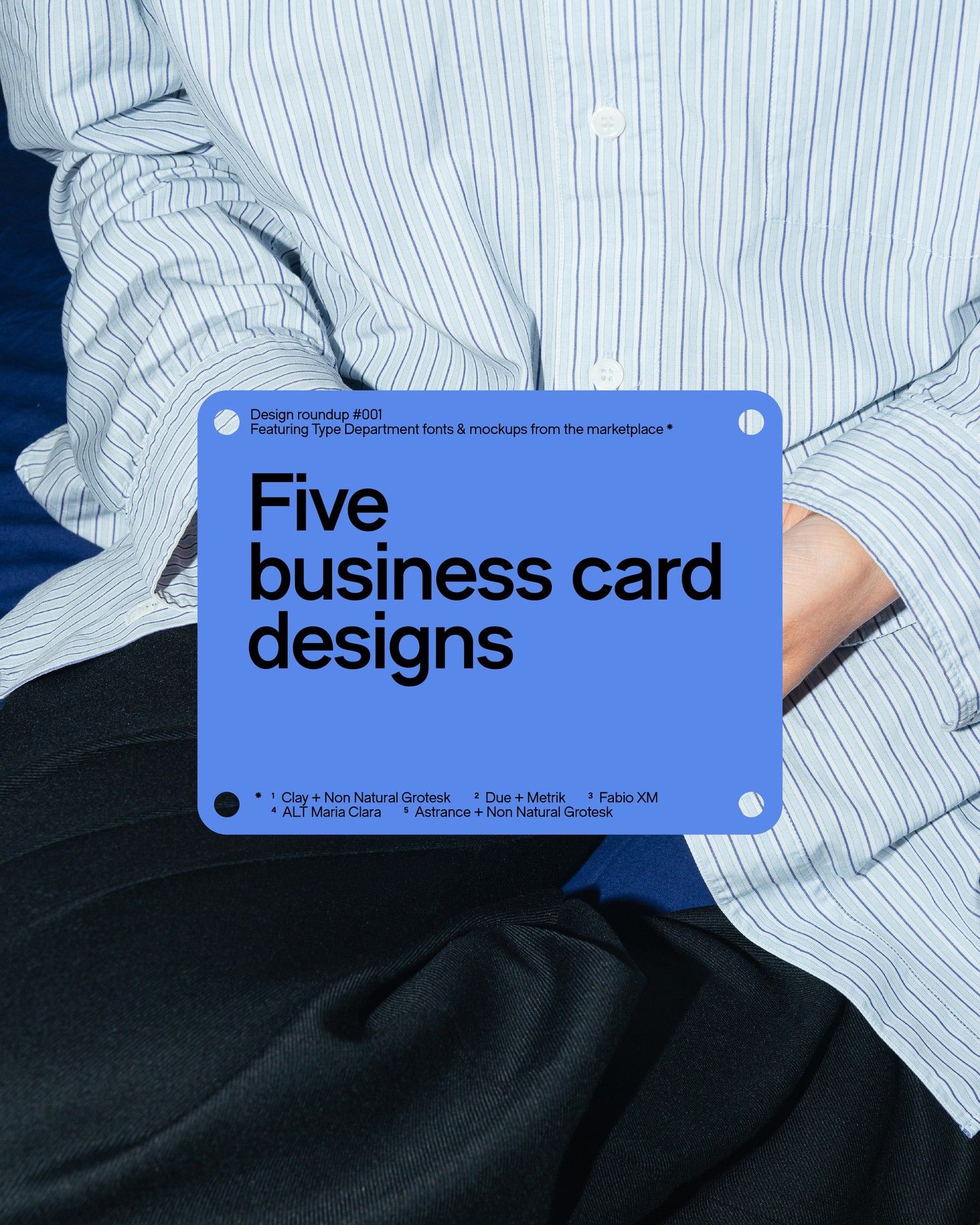 A contemporary design showcase featuring a vibrant blue card held against a professional business attire backdrop. The composition combines minimalist typography with a bold color block, creating a modern and approachable aesthetic that emphasizes clarity and professionalism.